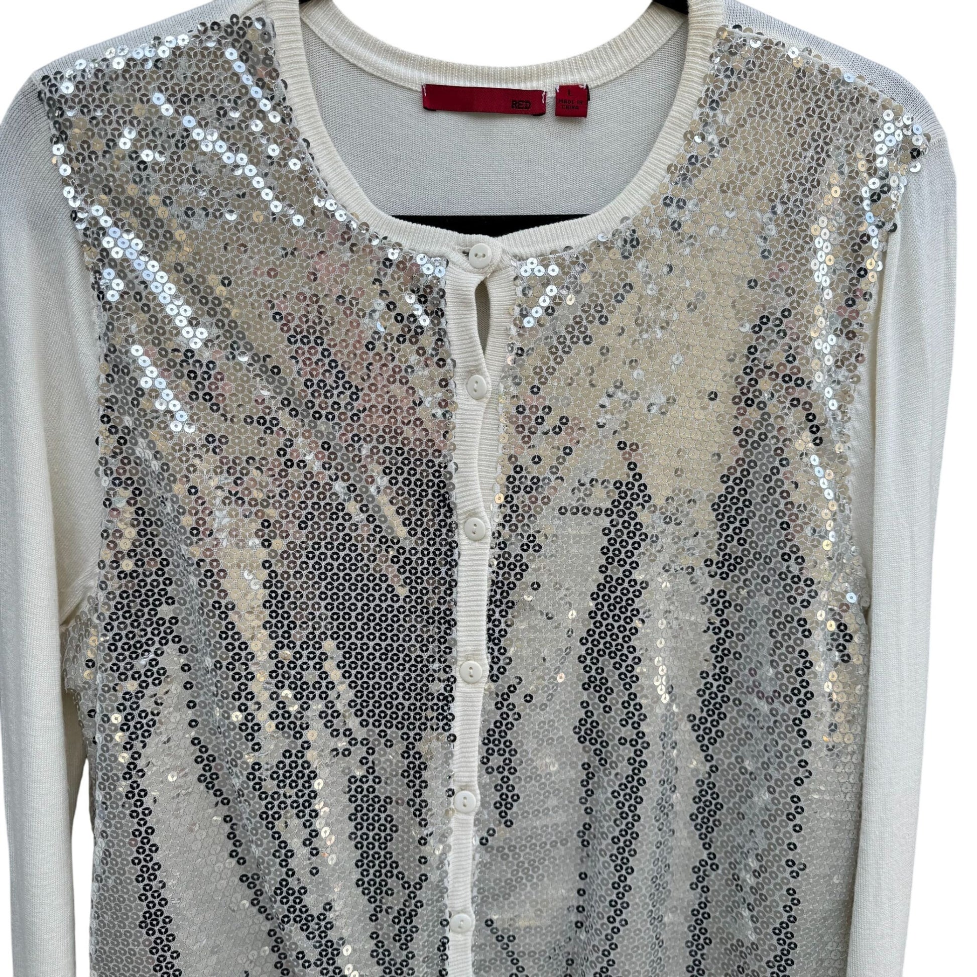 Red Womens Silver Sequin Front Ivory Knit Glam Party Cardigan Sweater Large