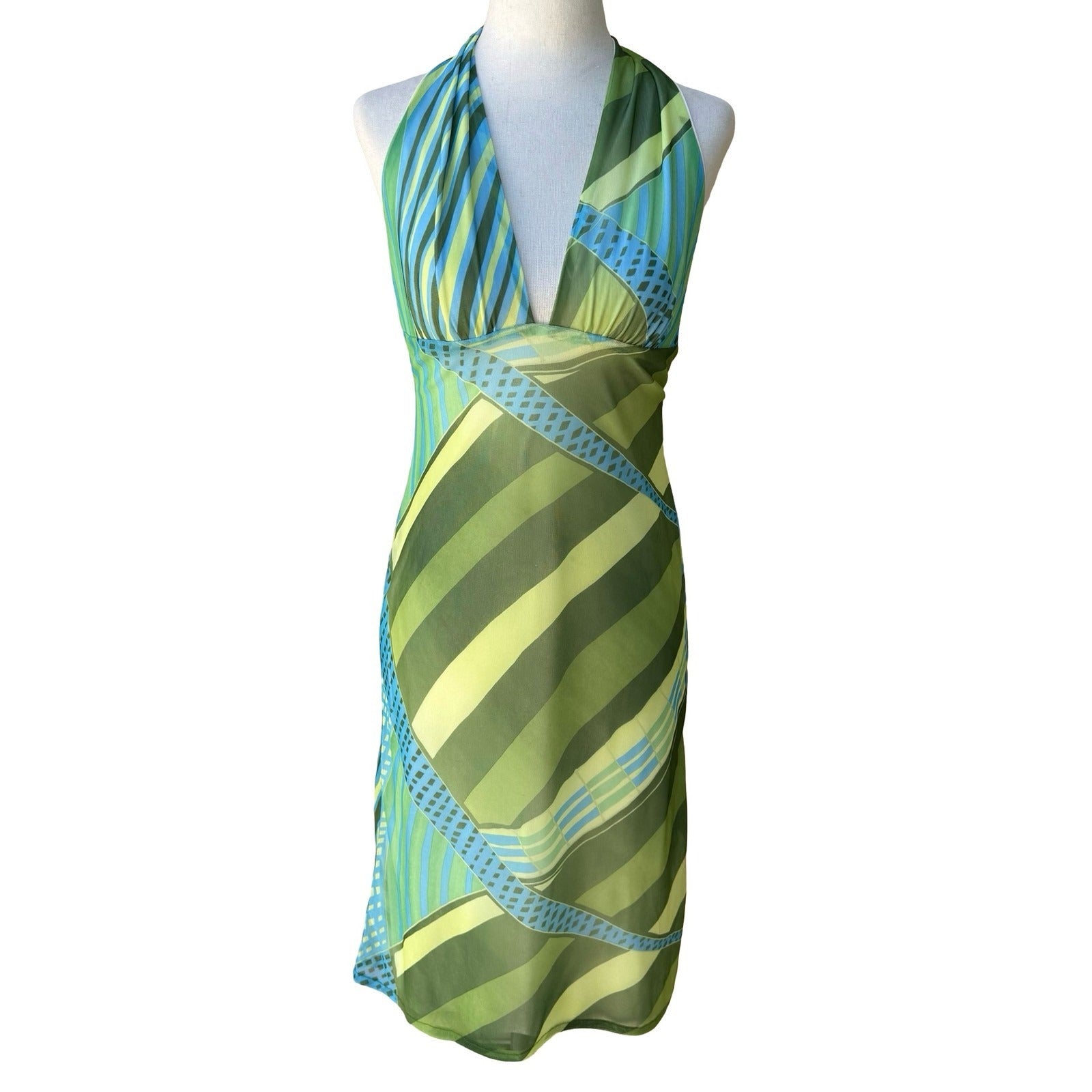 Brandenburg Y2K Resortwear Geometric Abstract Mesh Halter Open Back Dress XS