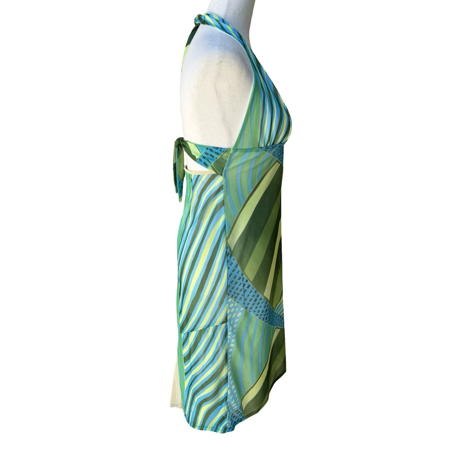 Brandenburg Y2K Resortwear Geometric Abstract Mesh Halter Open Back Dress XS