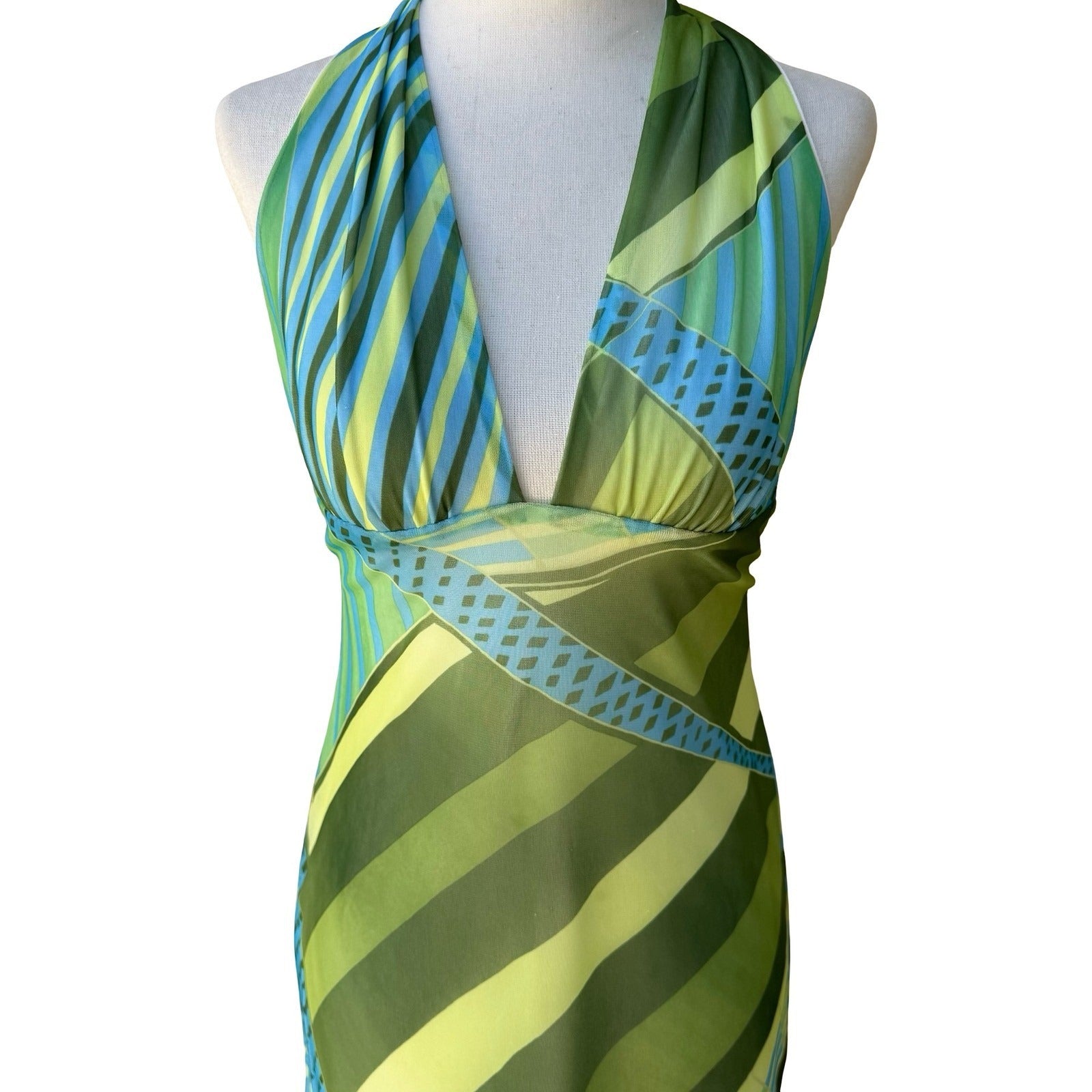 Brandenburg Y2K Resortwear Geometric Abstract Mesh Halter Open Back Dress XS