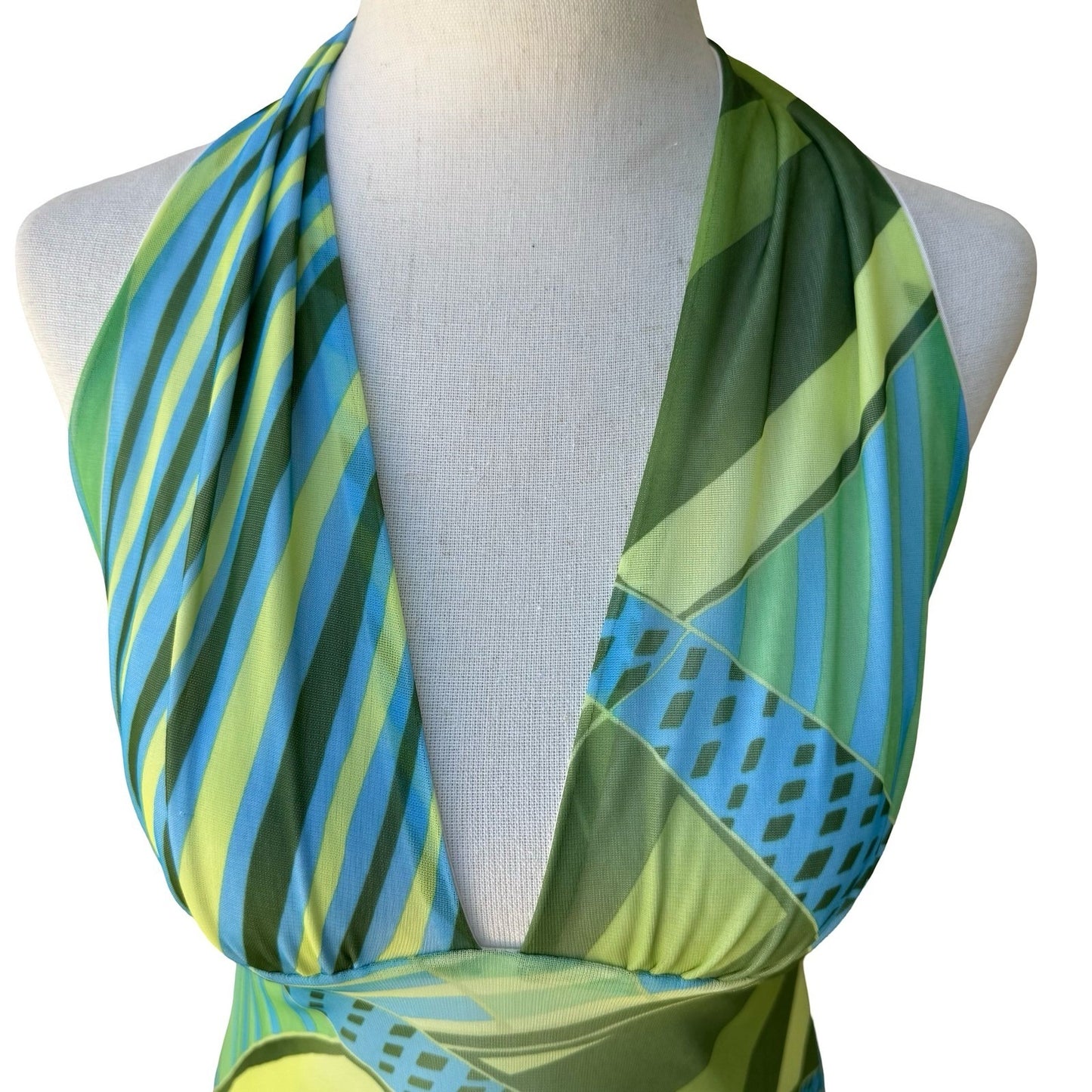 Brandenburg Y2K Resortwear Geometric Abstract Mesh Halter Open Back Dress XS
