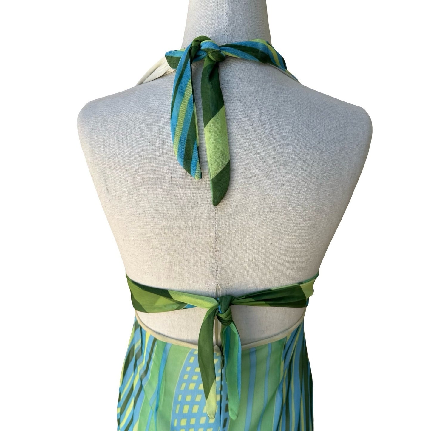 Brandenburg Y2K Resortwear Geometric Abstract Mesh Halter Open Back Dress XS