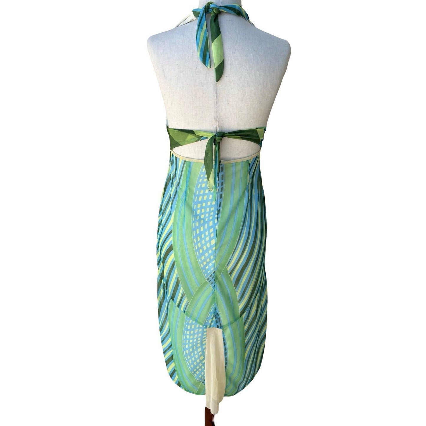 Brandenburg Y2K Resortwear Geometric Abstract Mesh Halter Open Back Dress XS