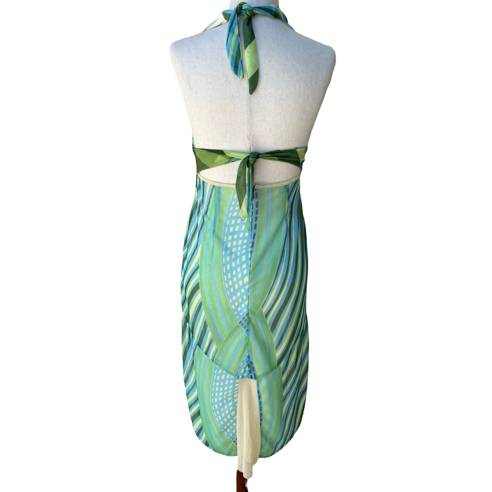 Brandenburg Y2K Resortwear Geometric Abstract Mesh Halter Open Back Dress XS