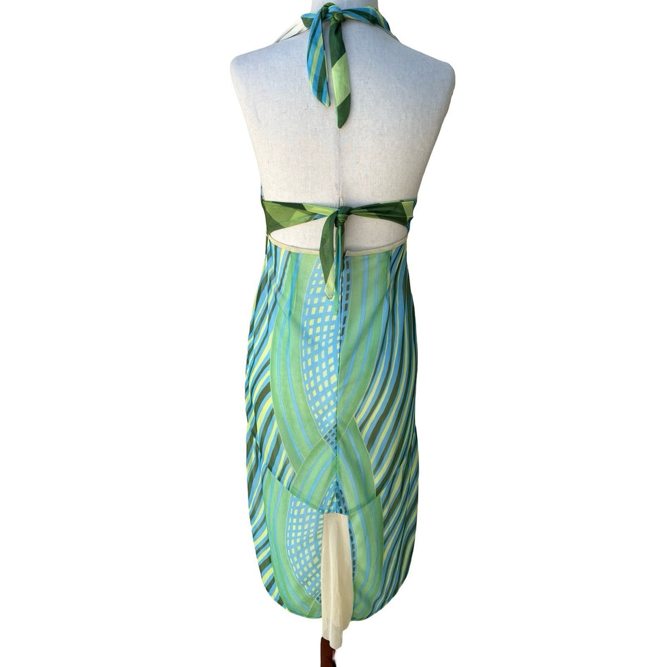 Brandenburg Y2K Resortwear Geometric Abstract Mesh Halter Open Back Dress XS
