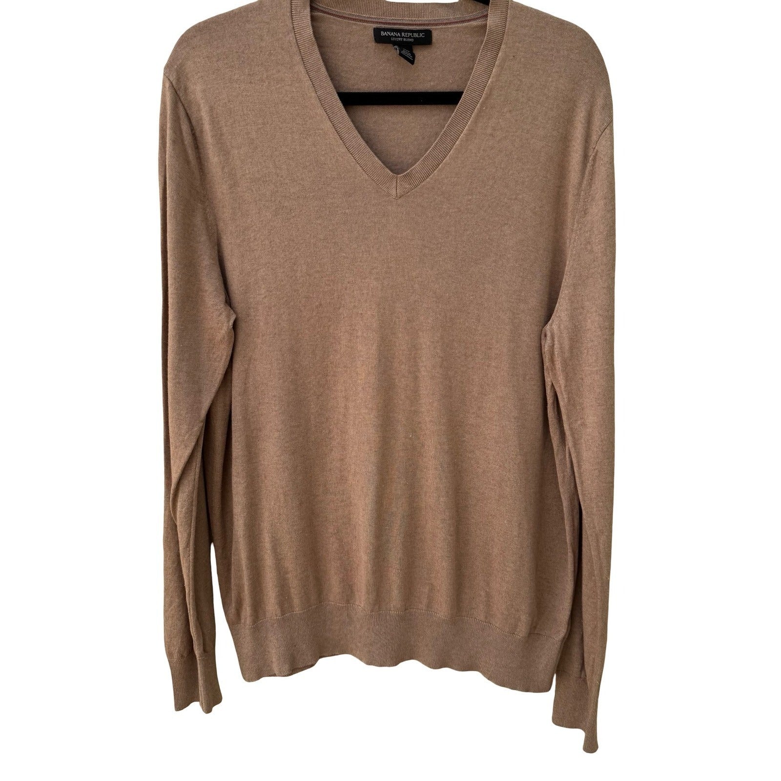 Banana Republic Mens Large Tan Silk Cotton Cashmere Luxury Blend V-Neck Sweater
