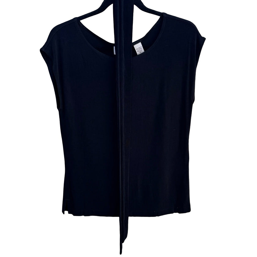 Chicos Travelers Black Ribbed Sleeveless Tie Front Top Size 1 Womens Boat Neck