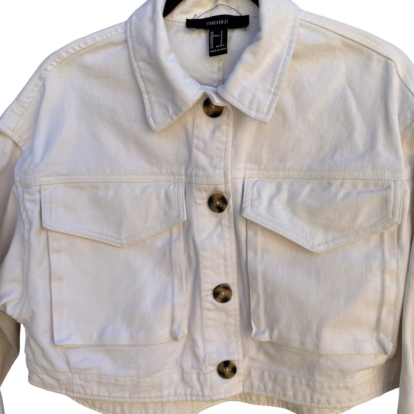 Forever 21 Cropped Denim Jacket Boxy Utility Trucker Streetwear White Womens S