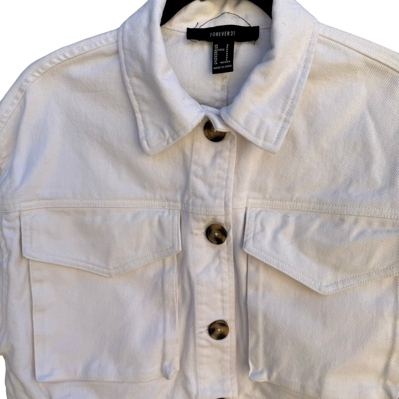 Forever 21 Cropped Denim Jacket Boxy Utility Trucker Streetwear White Womens S