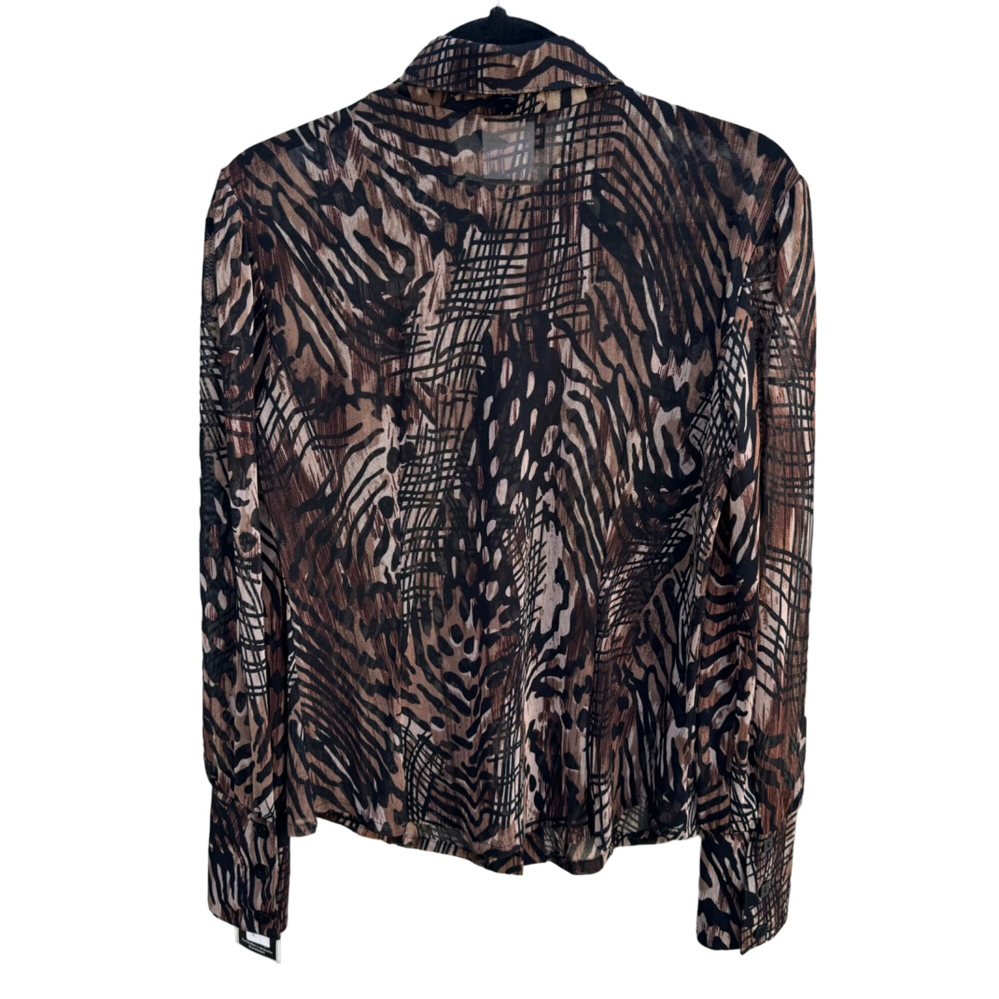 Artex Collection Womens Semi Sheer Button Up Brown Black Abstract Design Blouse