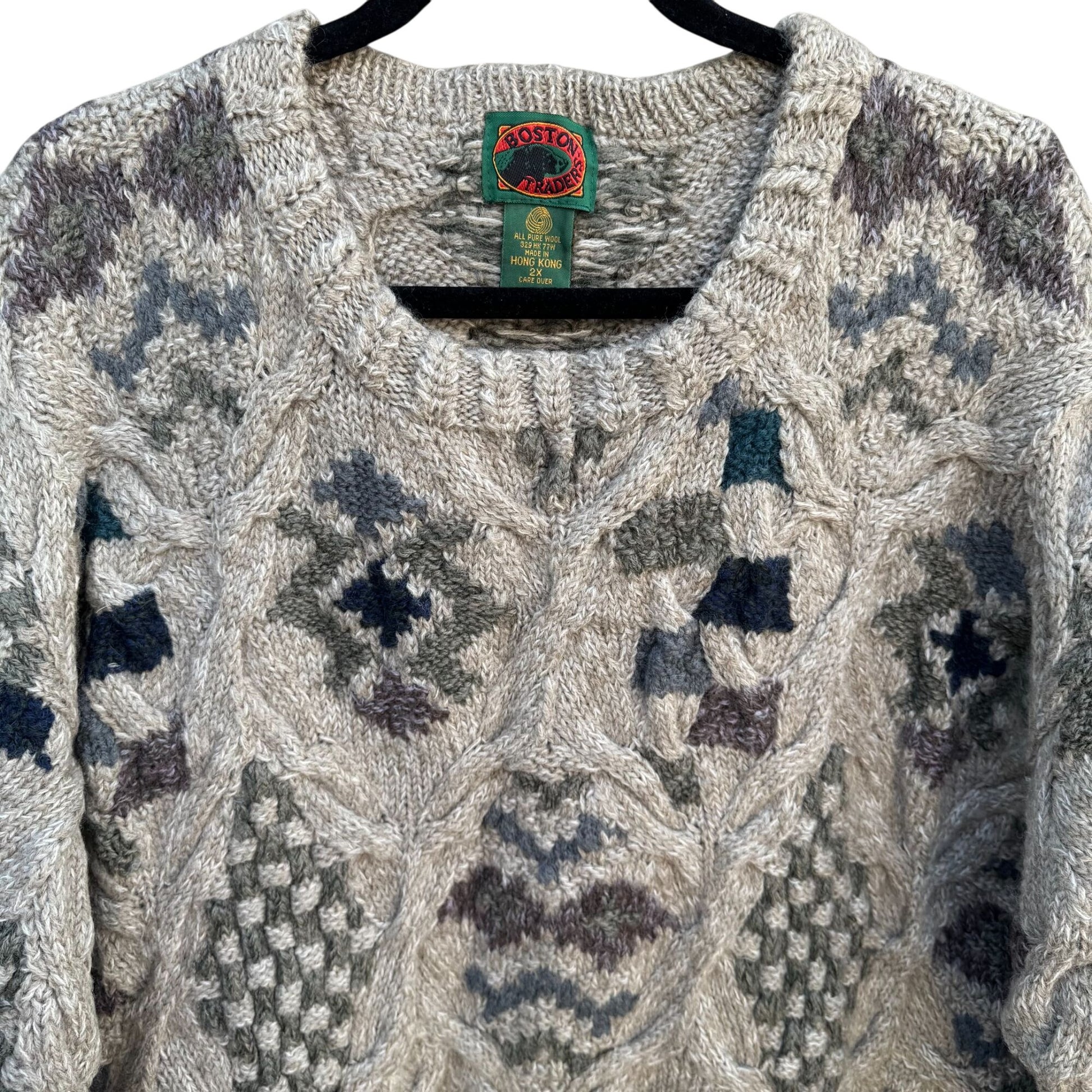 Boston Traders Vintage Mens Geometric Pattern Crewneck Heavy Wool Knit Sweater 2X