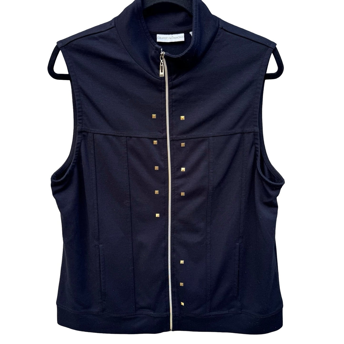 Drapers & Damons Womens Black Zip Front Vest Gold Stud Mock Neck Size Medium