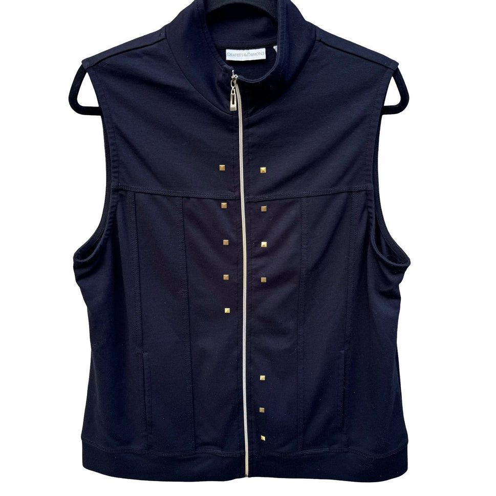 Drapers & Damons Womens Black Zip Front Vest Gold Stud Mock Neck Size Medium