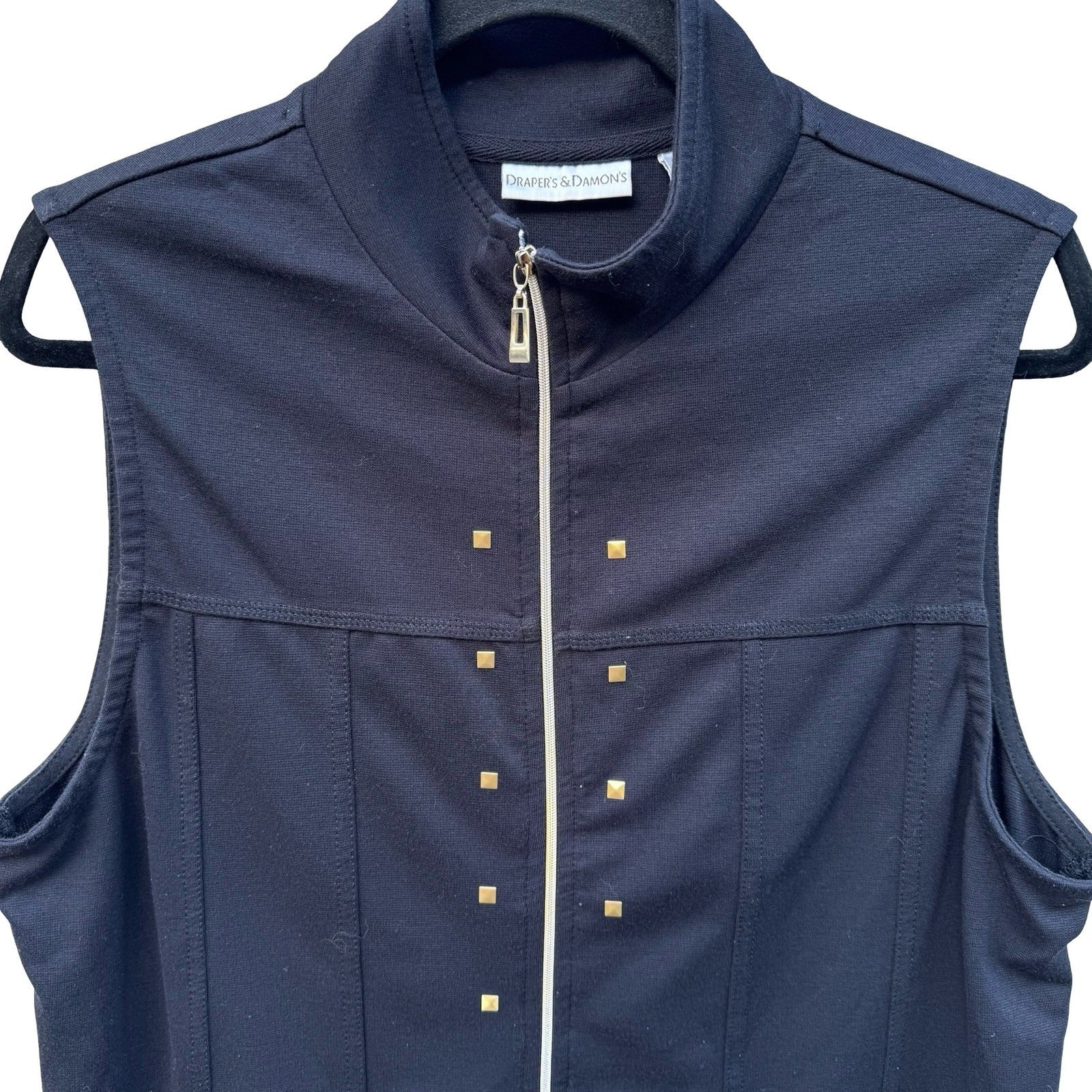 Drapers & Damons Womens Black Zip Front Vest Gold Stud Mock Neck Size Medium