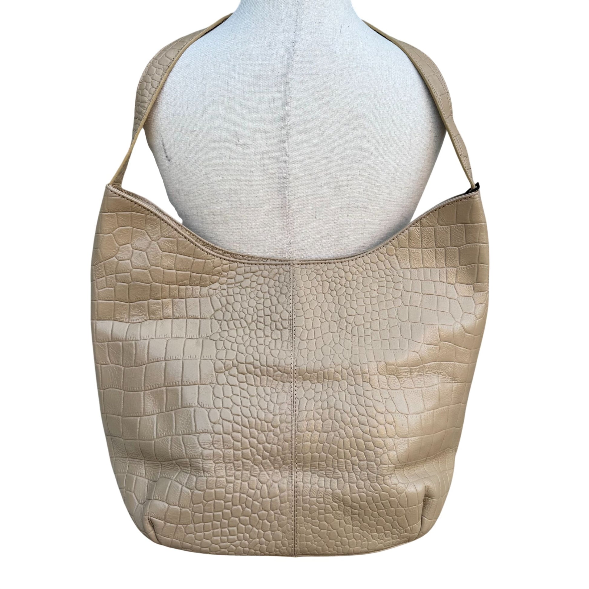 Crocodile-Embossed Genuine Leather Tote Bag Tan Multiple Pockets Zipper Closure