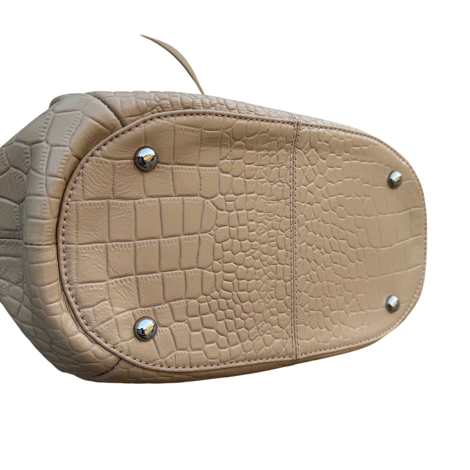 Crocodile-Embossed Genuine Leather Tote Bag Tan Multiple Pockets Zipper Closure