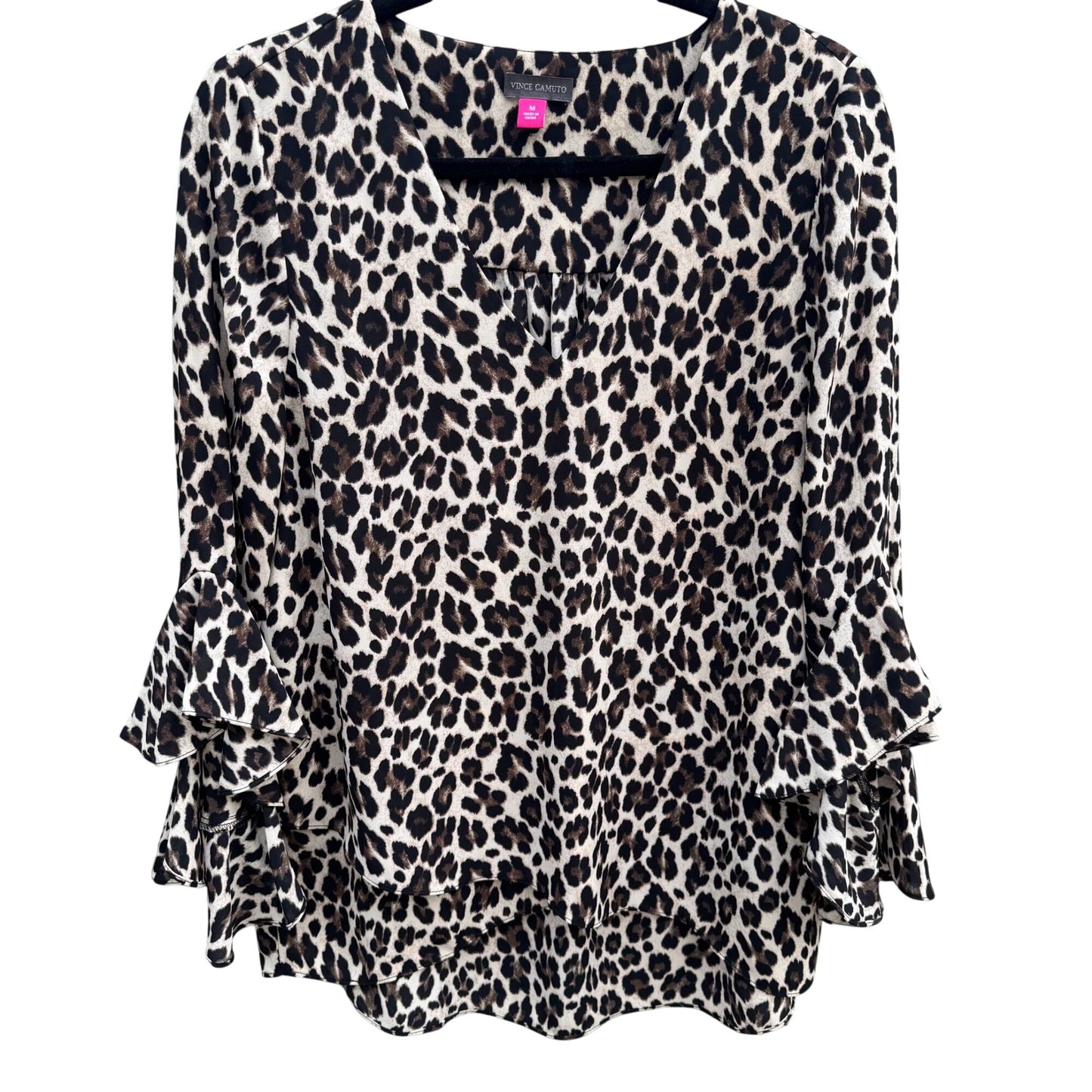 Vince Camuto Leopard Ruffle Bell Sleeve V Neck Blouse M Womens Boho Party Witchy