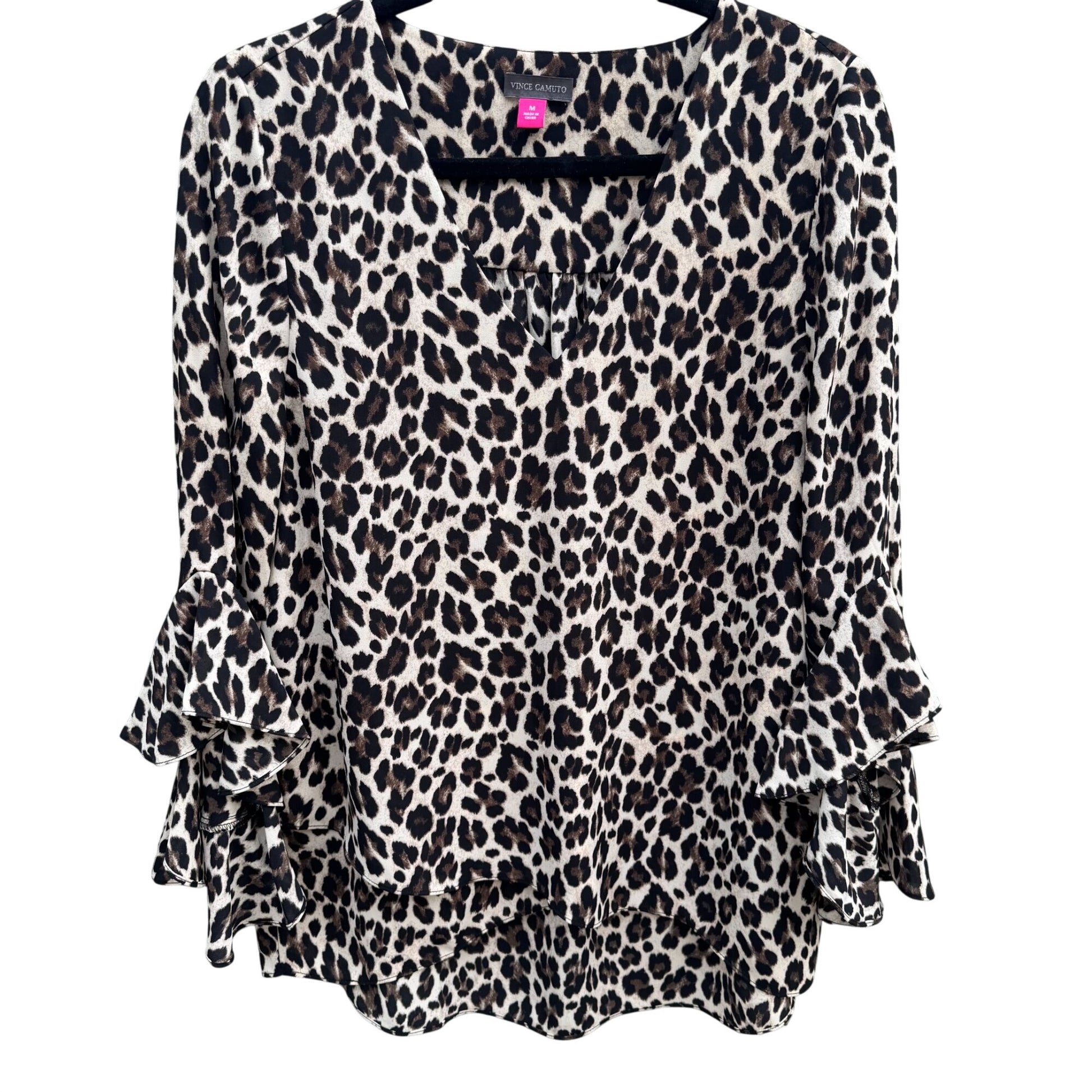 Vince Camuto Leopard Ruffle Bell Sleeve V Neck Blouse M Womens Boho Party Witchy