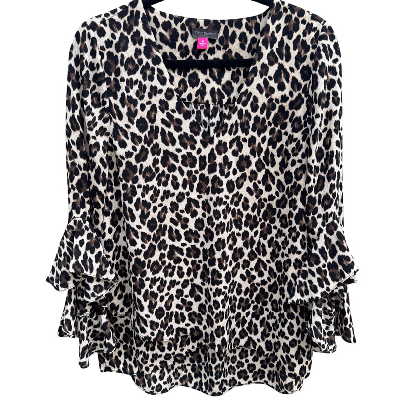 Vince Camuto Leopard Ruffle Bell Sleeve V Neck Blouse M Womens Boho Party Witchy