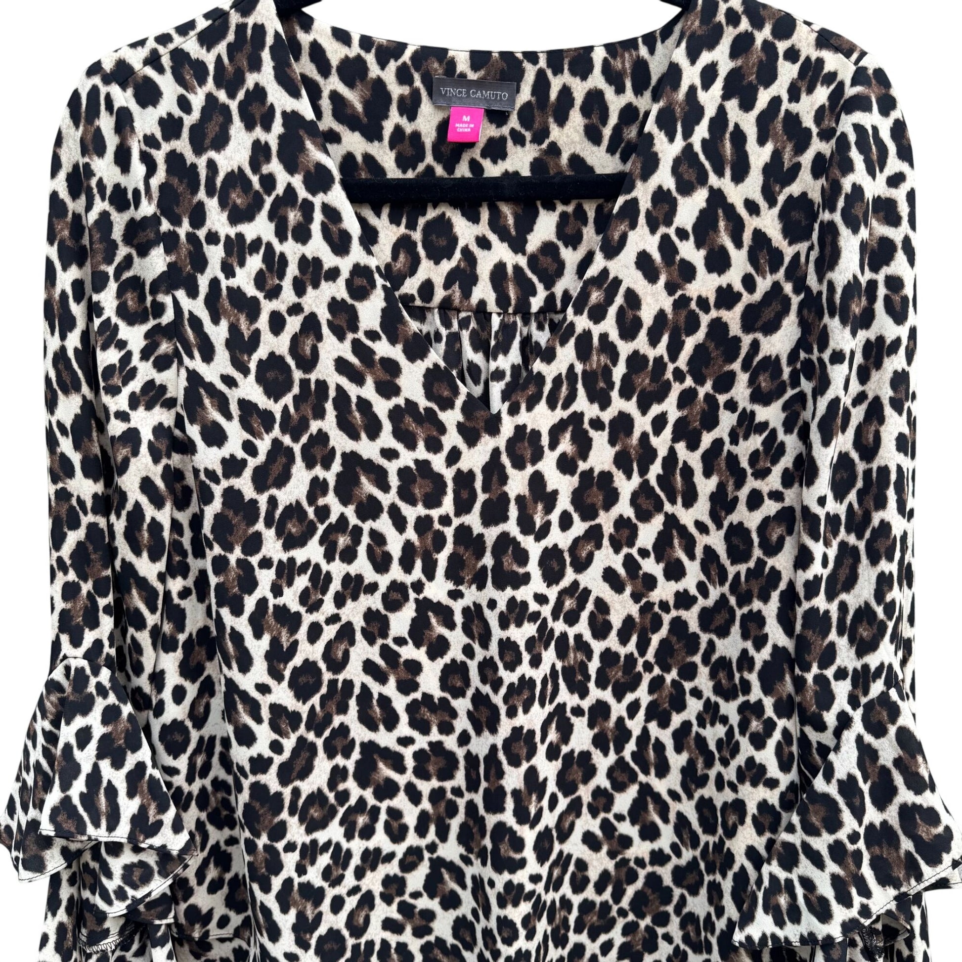 Vince Camuto Leopard Ruffle Bell Sleeve V Neck Blouse M Womens Boho Party Witchy