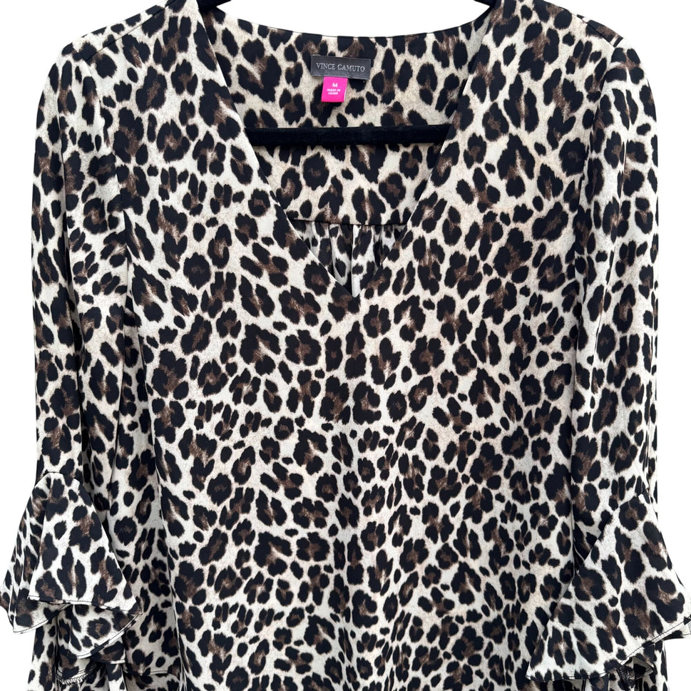 Vince Camuto Leopard Ruffle Bell Sleeve V Neck Blouse M Womens Boho Party Witchy