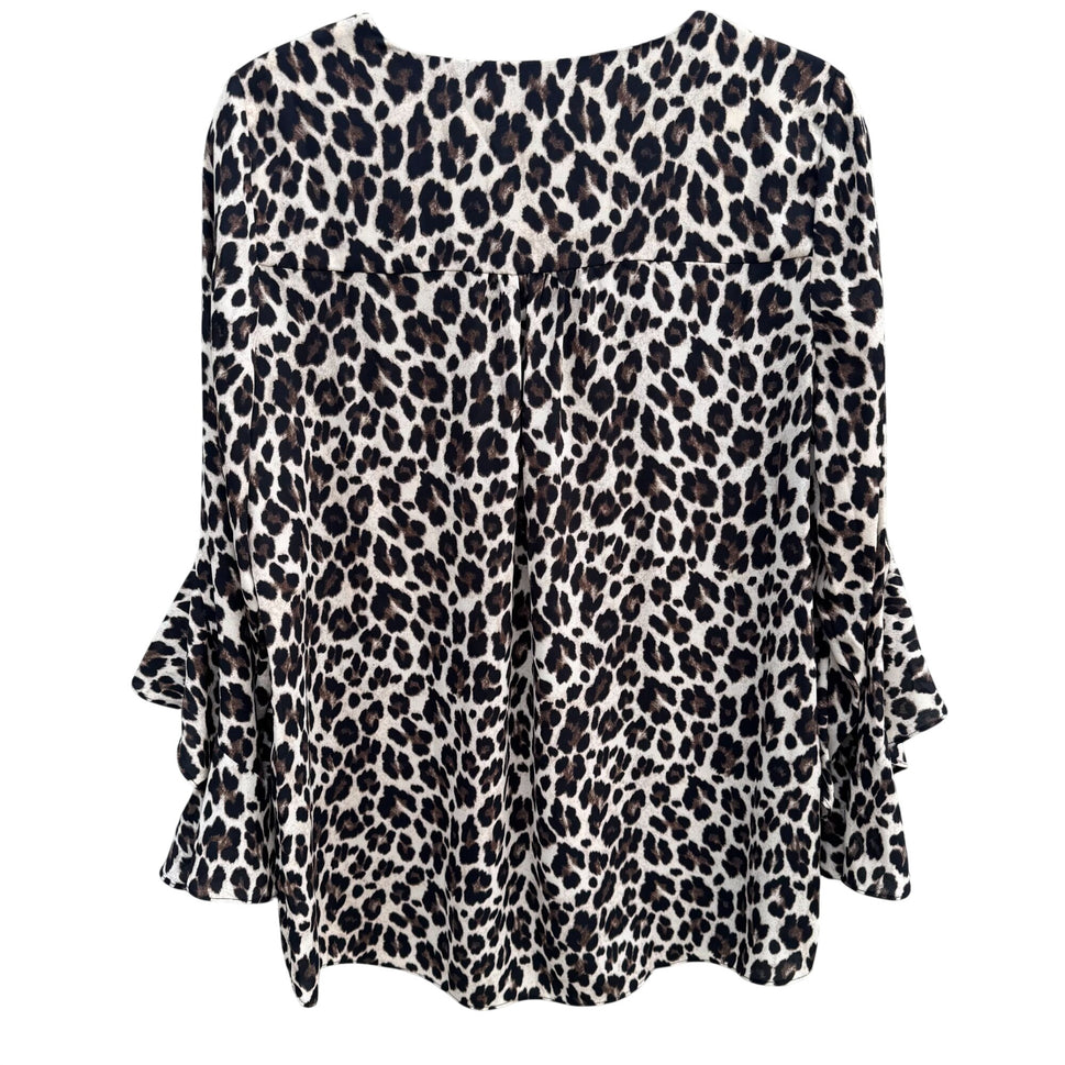 Vince Camuto Leopard Ruffle Bell Sleeve V Neck Blouse M Womens Boho Party Witchy