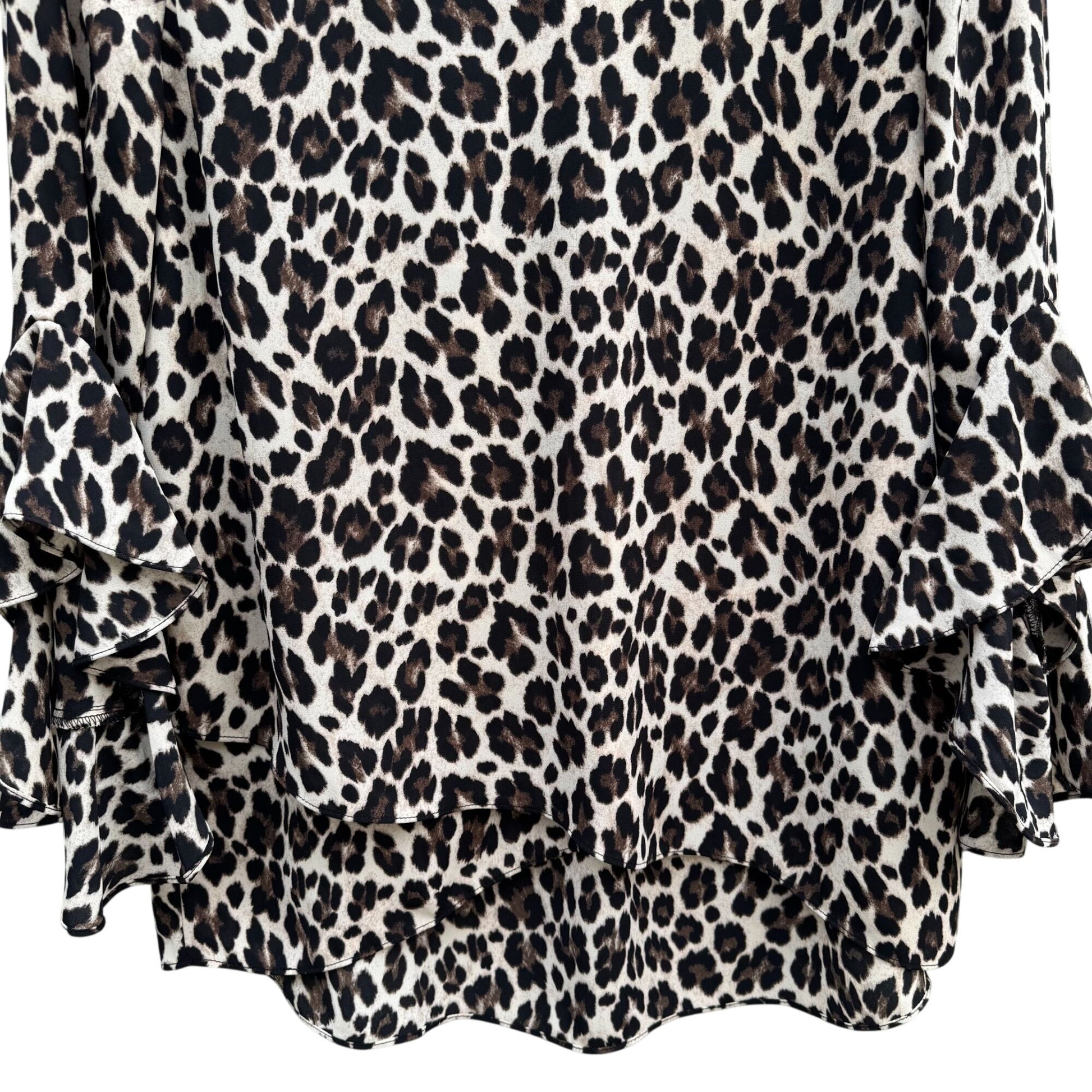 Vince Camuto Leopard Ruffle Bell Sleeve V Neck Blouse M Womens Boho Party Witchy