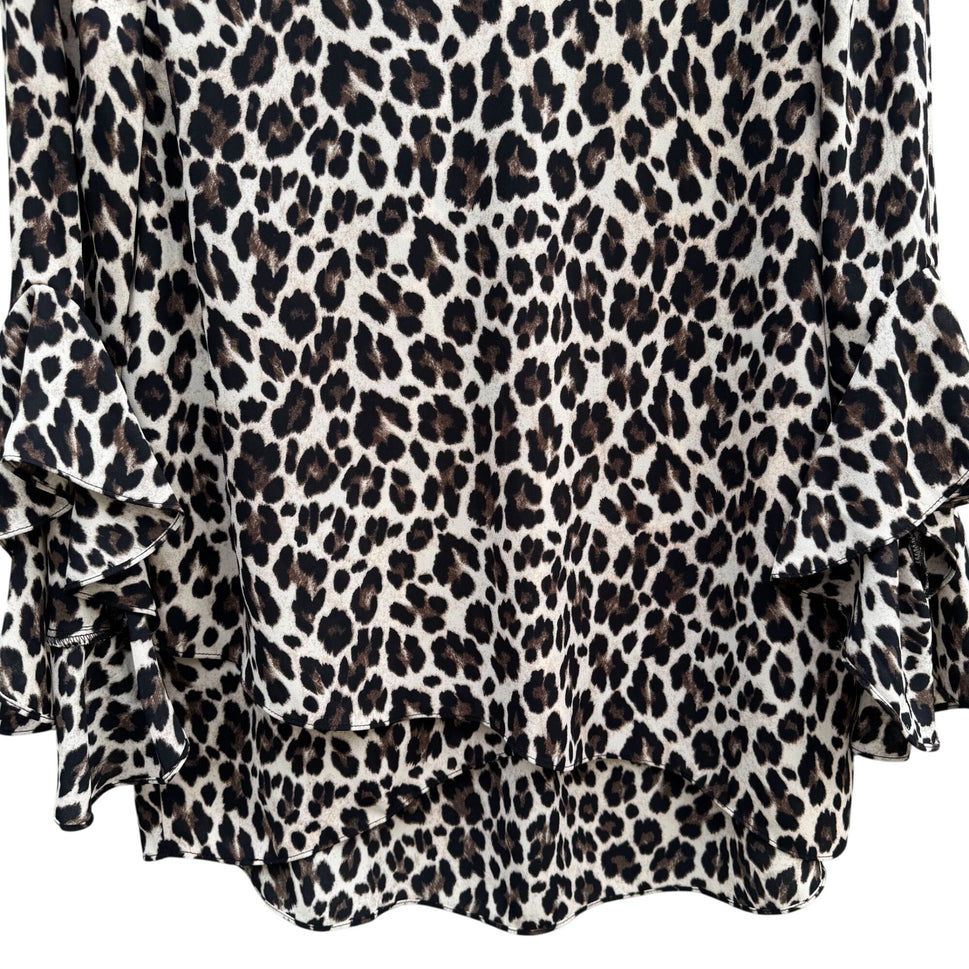 Vince Camuto Leopard Ruffle Bell Sleeve V Neck Blouse M Womens Boho Party Witchy