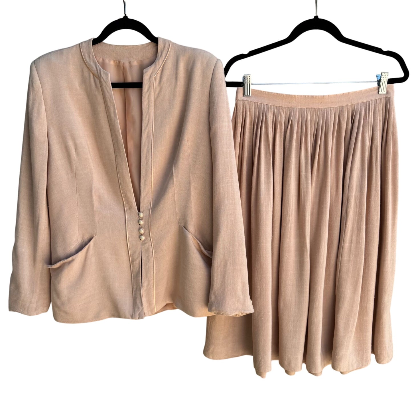 Daniele O By Tahari Vintage Womens Peach Silk Blend Blazer Pleated Skirt Set M