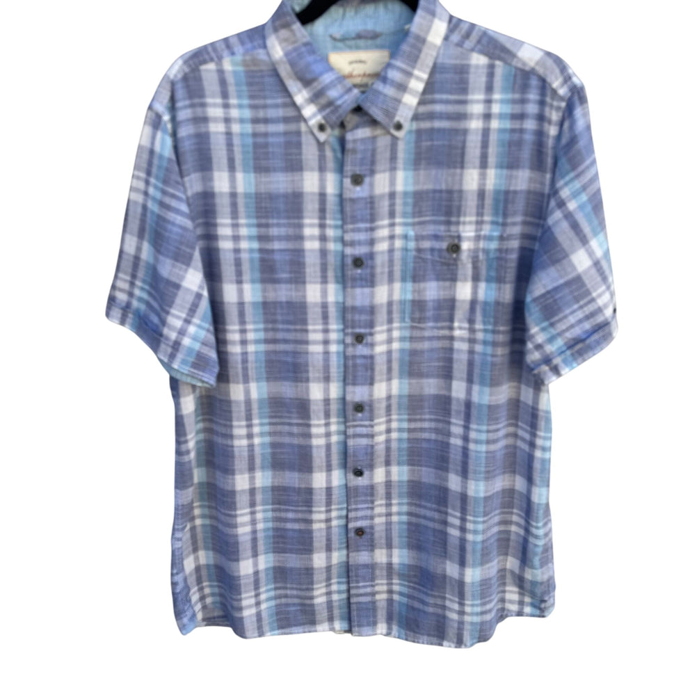 Weatherproof Vintage Mens Blue Plaid Button Collar Short Sleeve Casual Shirt M