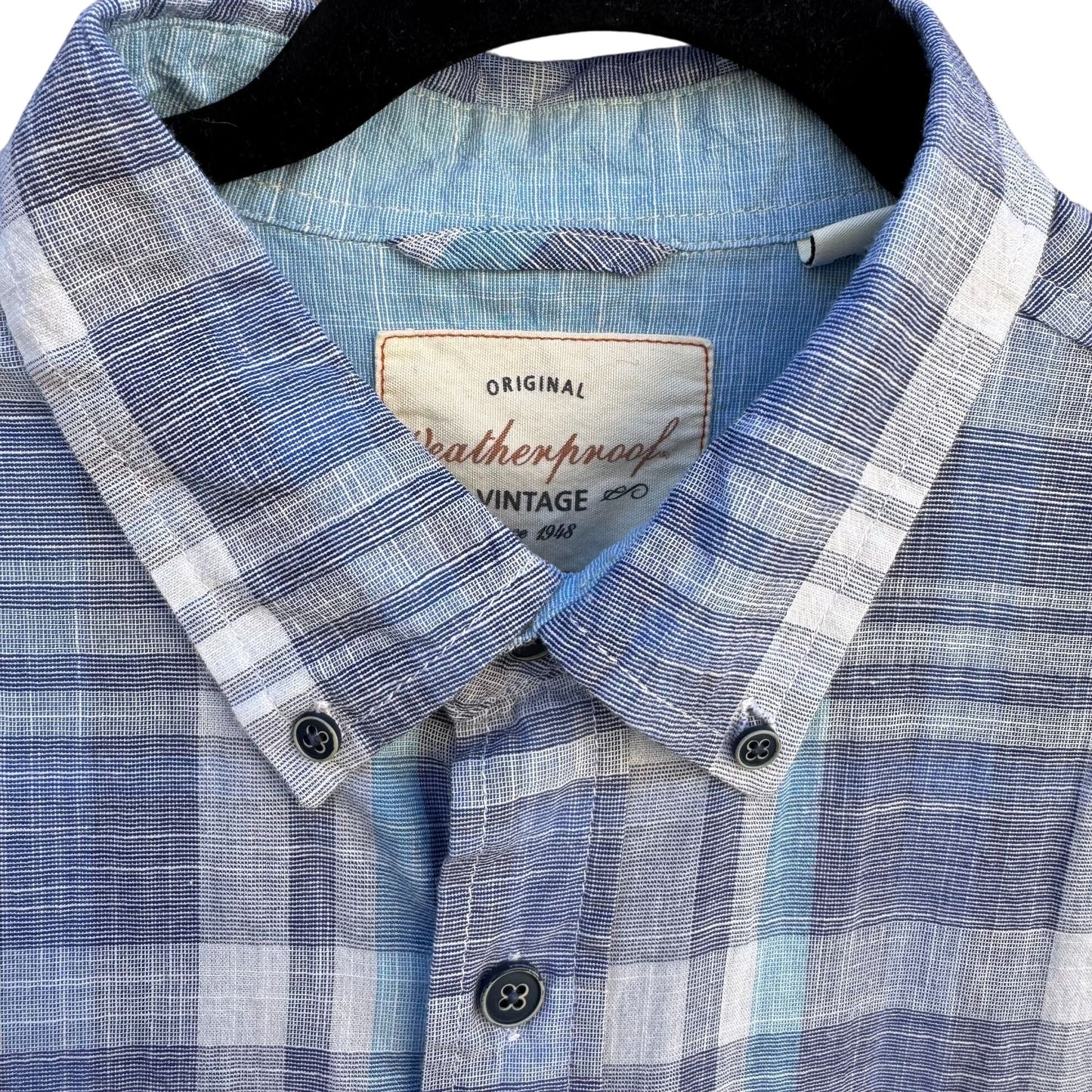 Weatherproof Vintage Mens Blue Plaid Button Collar Short Sleeve Casual Shirt M