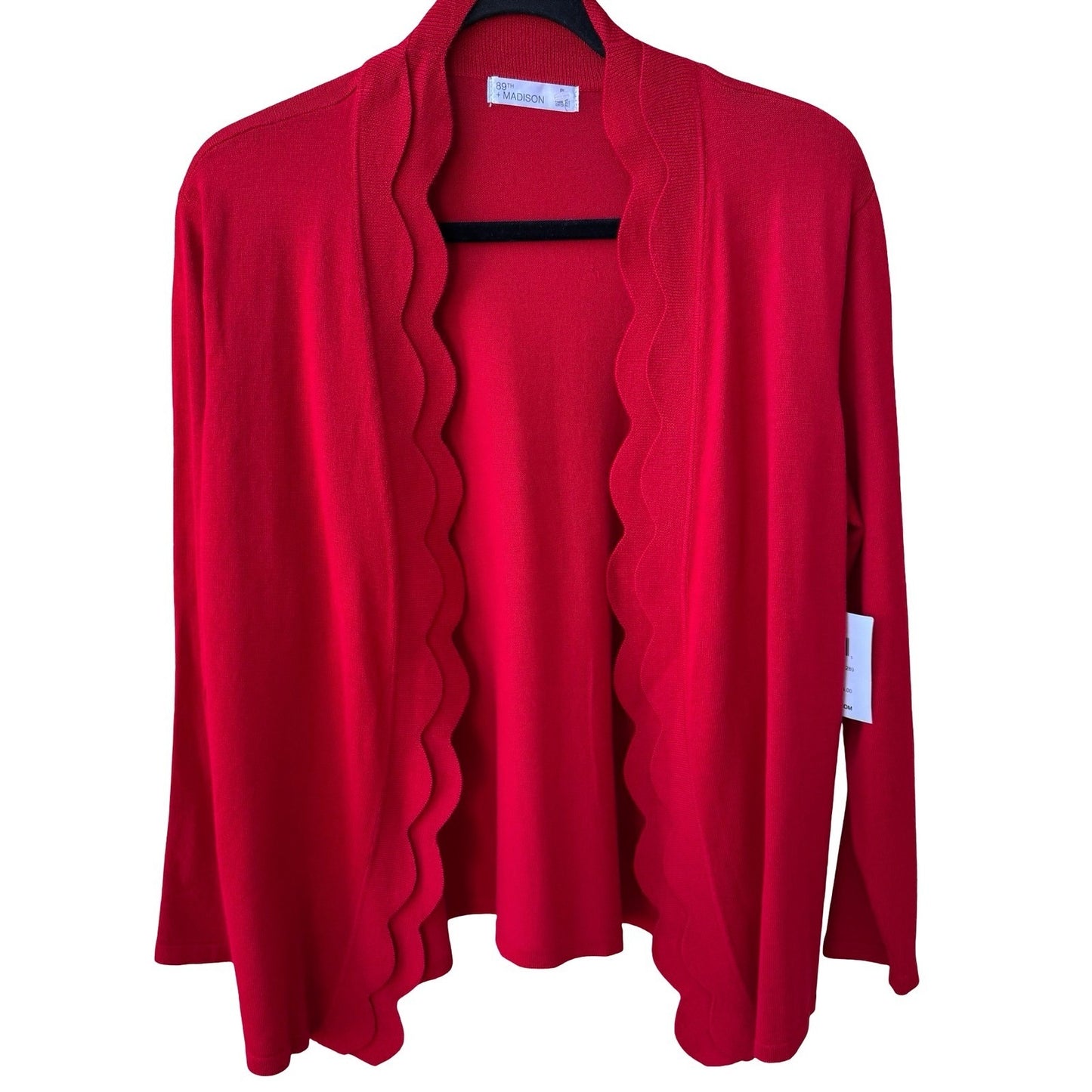 89th + Madison Scalloped Feminine Professional Open Front Cardigan Red L NEW