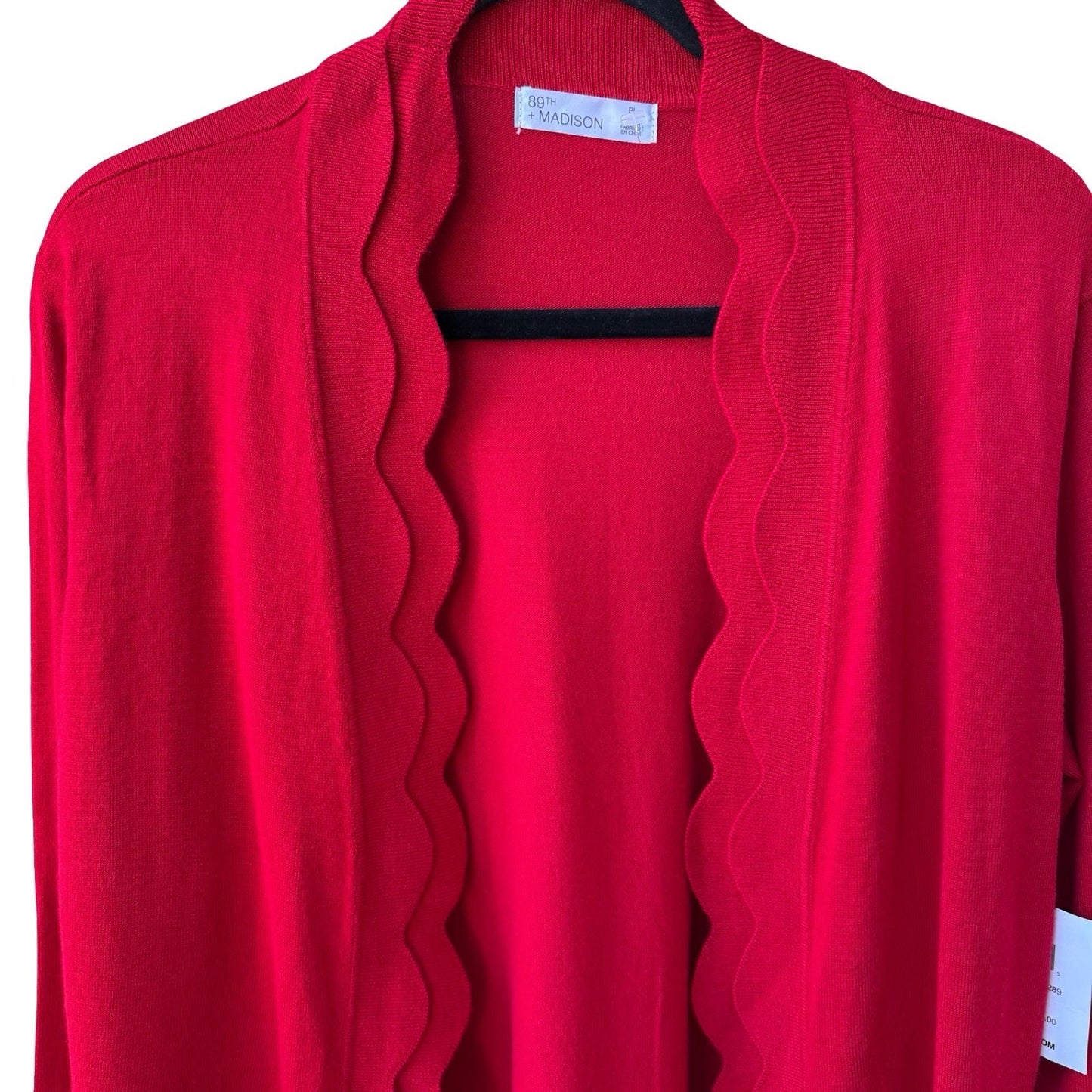 89th + Madison Scalloped Feminine Professional Open Front Cardigan Red L NEW