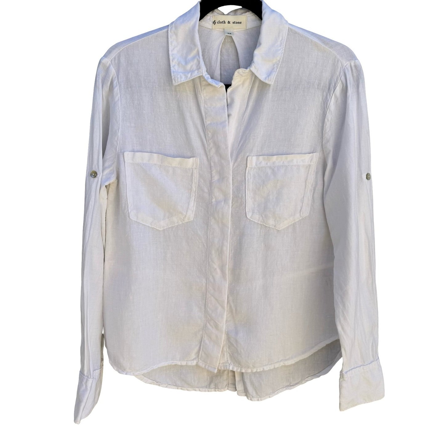 Cloth & Stone Linen Minimalist Coastal Roll Tab Shirt Boho Beachwear White XS
