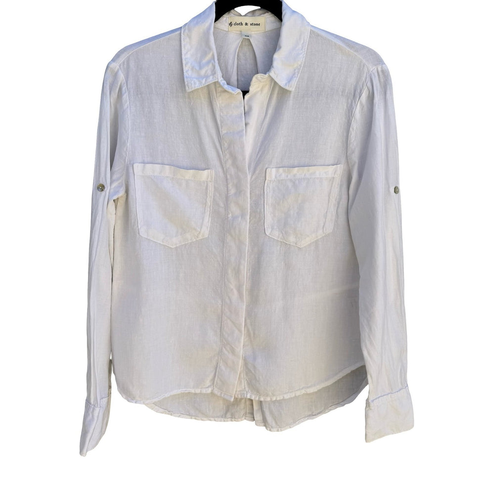 Cloth & Stone Linen Minimalist Coastal Roll Tab Shirt Boho Beachwear White XS