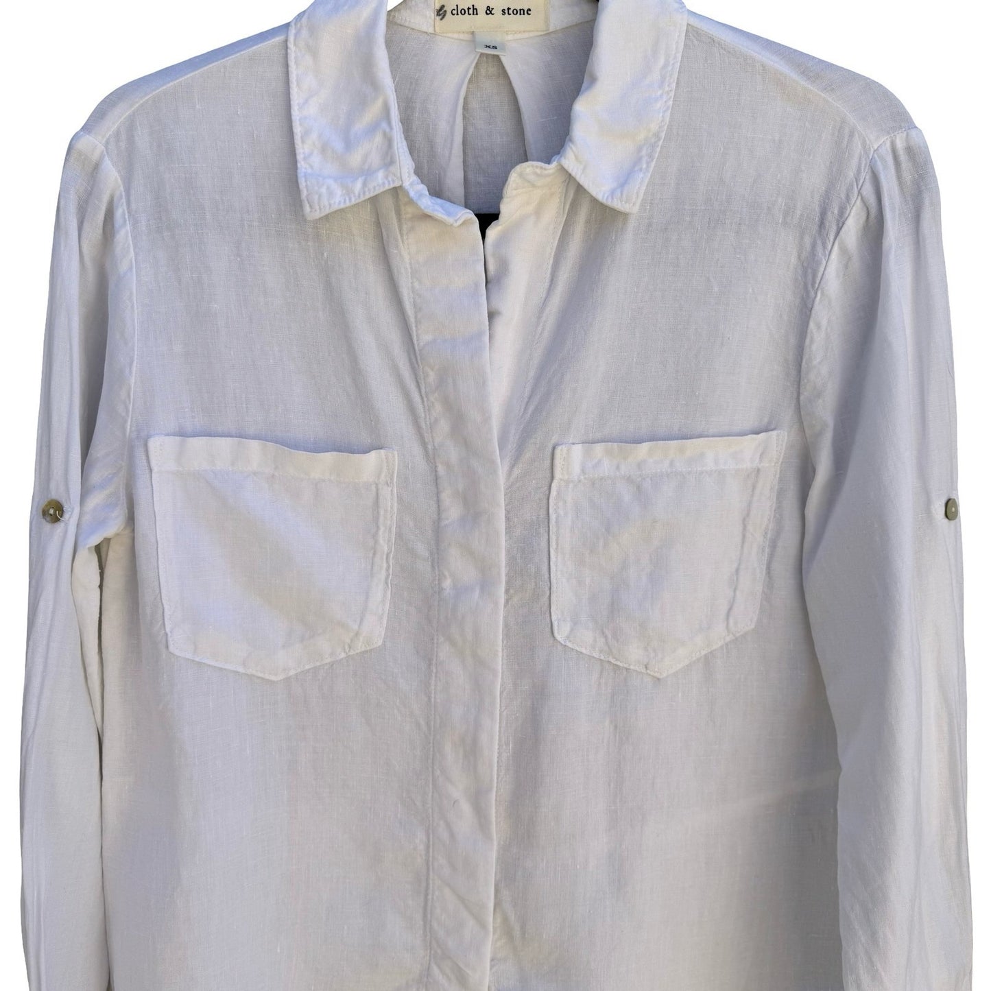 Cloth & Stone Linen Minimalist Coastal Roll Tab Shirt Boho Beachwear White XS