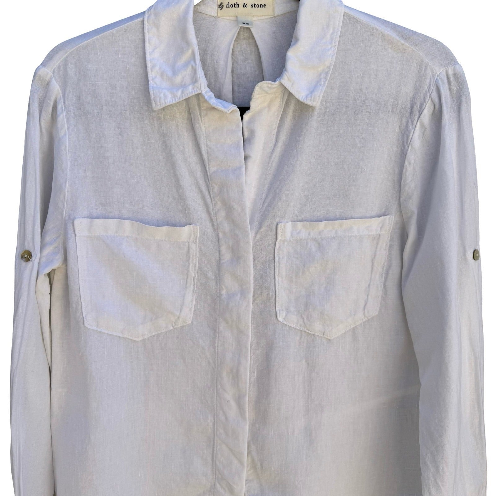 Cloth & Stone Linen Minimalist Coastal Roll Tab Shirt Boho Beachwear White XS