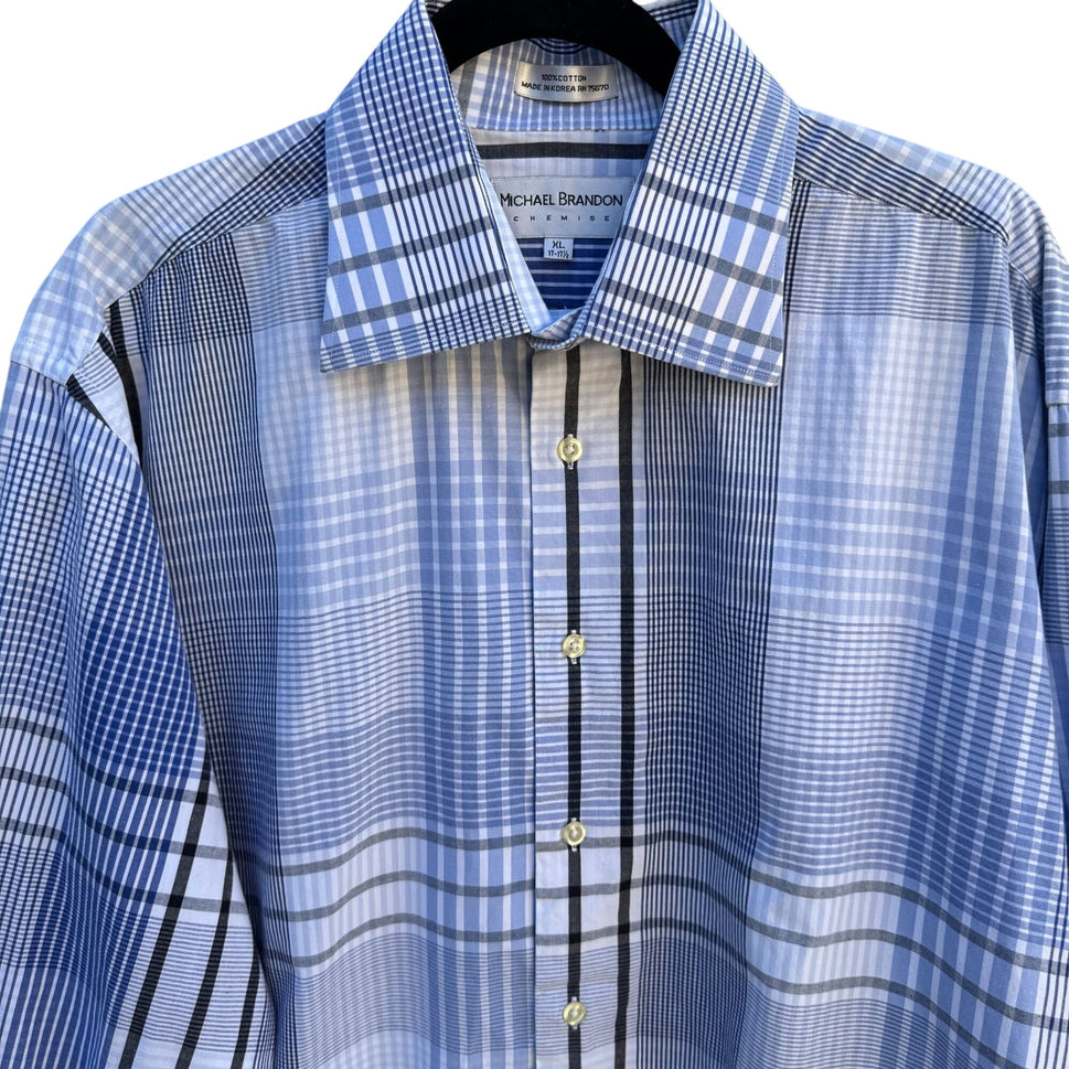 Michael Brandon Mens Blue White Check Plaid Button-Up Long Sleeve Dress Shirt XL