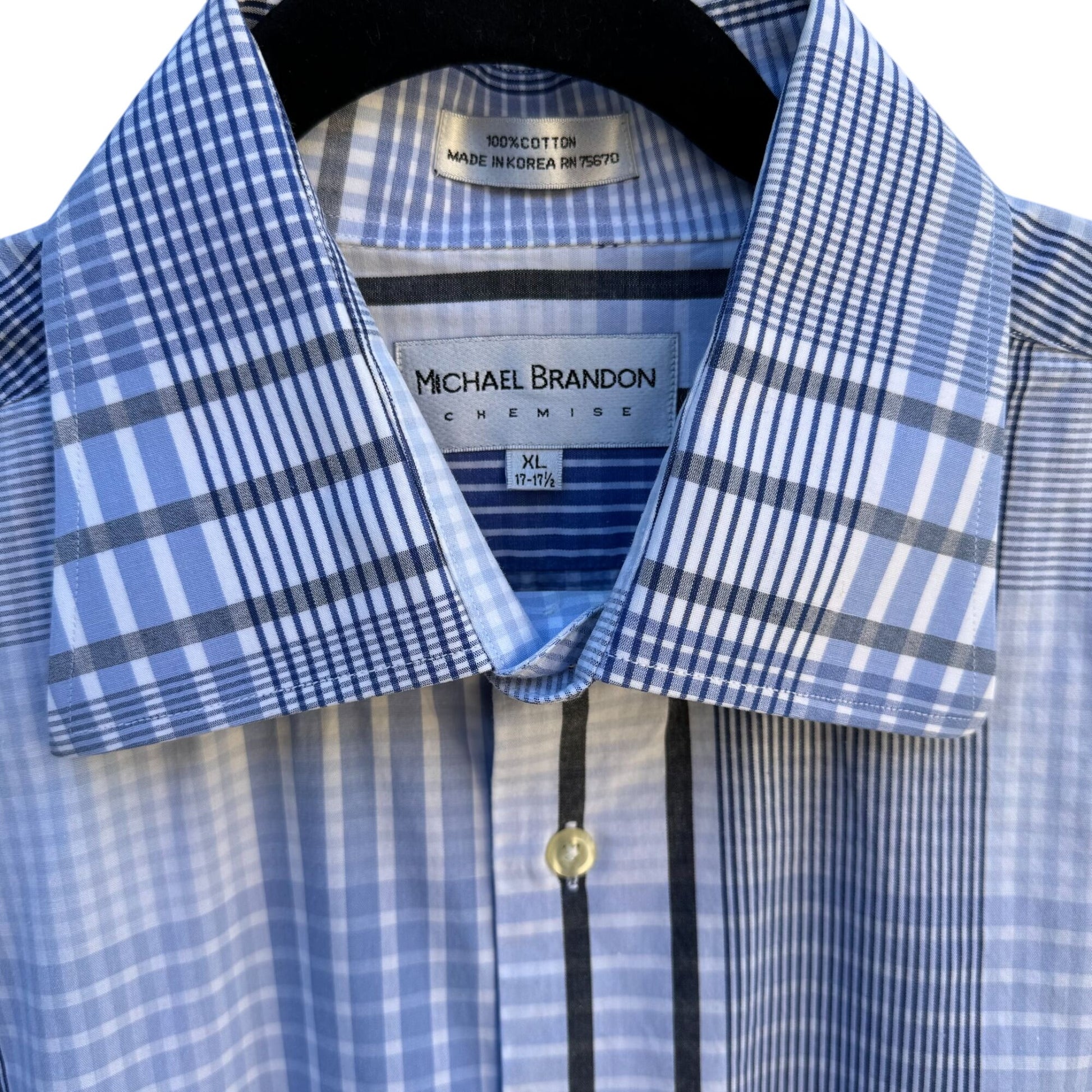 Michael Brandon Mens Blue White Check Plaid Button-Up Long Sleeve Dress Shirt XL
