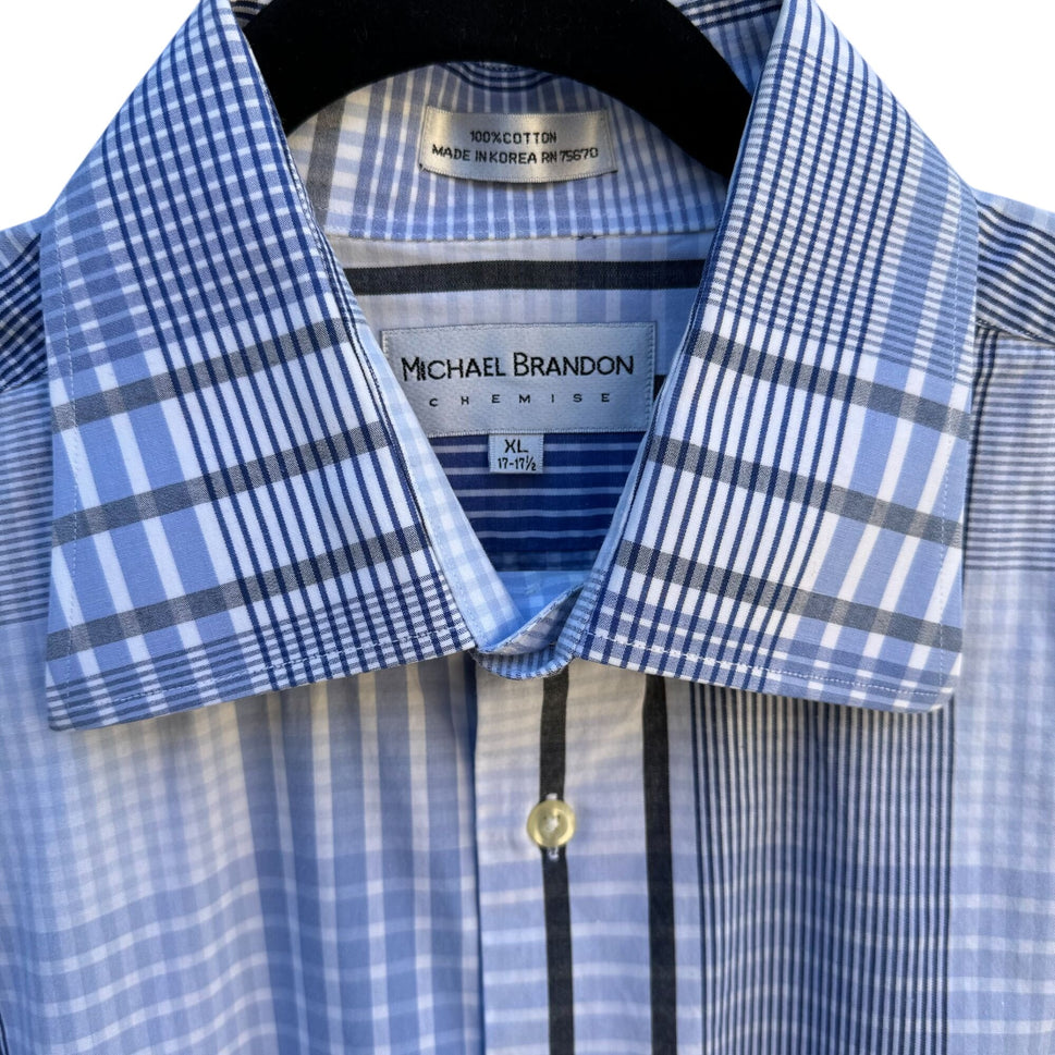 Michael Brandon Mens Blue White Check Plaid Button-Up Long Sleeve Dress Shirt XL