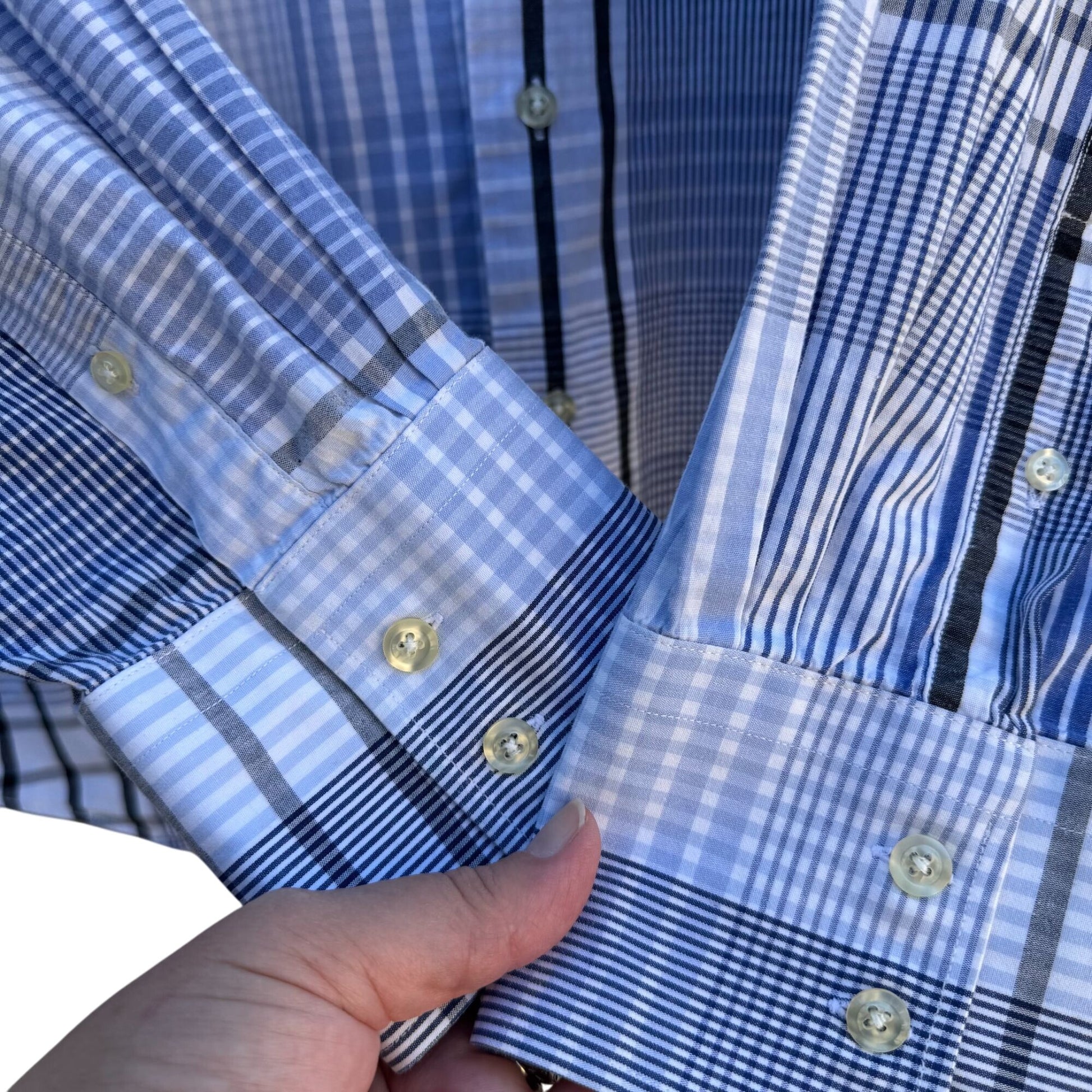 Michael Brandon Mens Blue White Check Plaid Button-Up Long Sleeve Dress Shirt XL