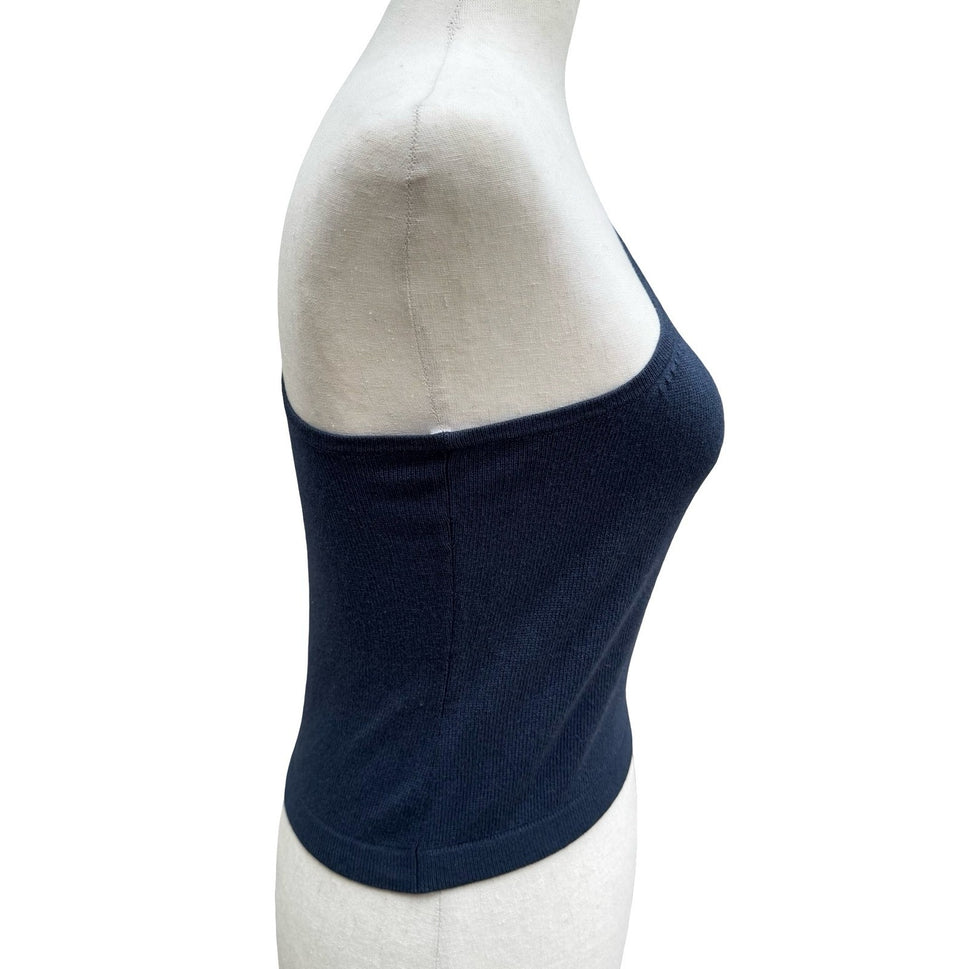 BCBG Max Azria Collection Y2K One Shoulder Knit Crop Top Asymmetric Navy Sample