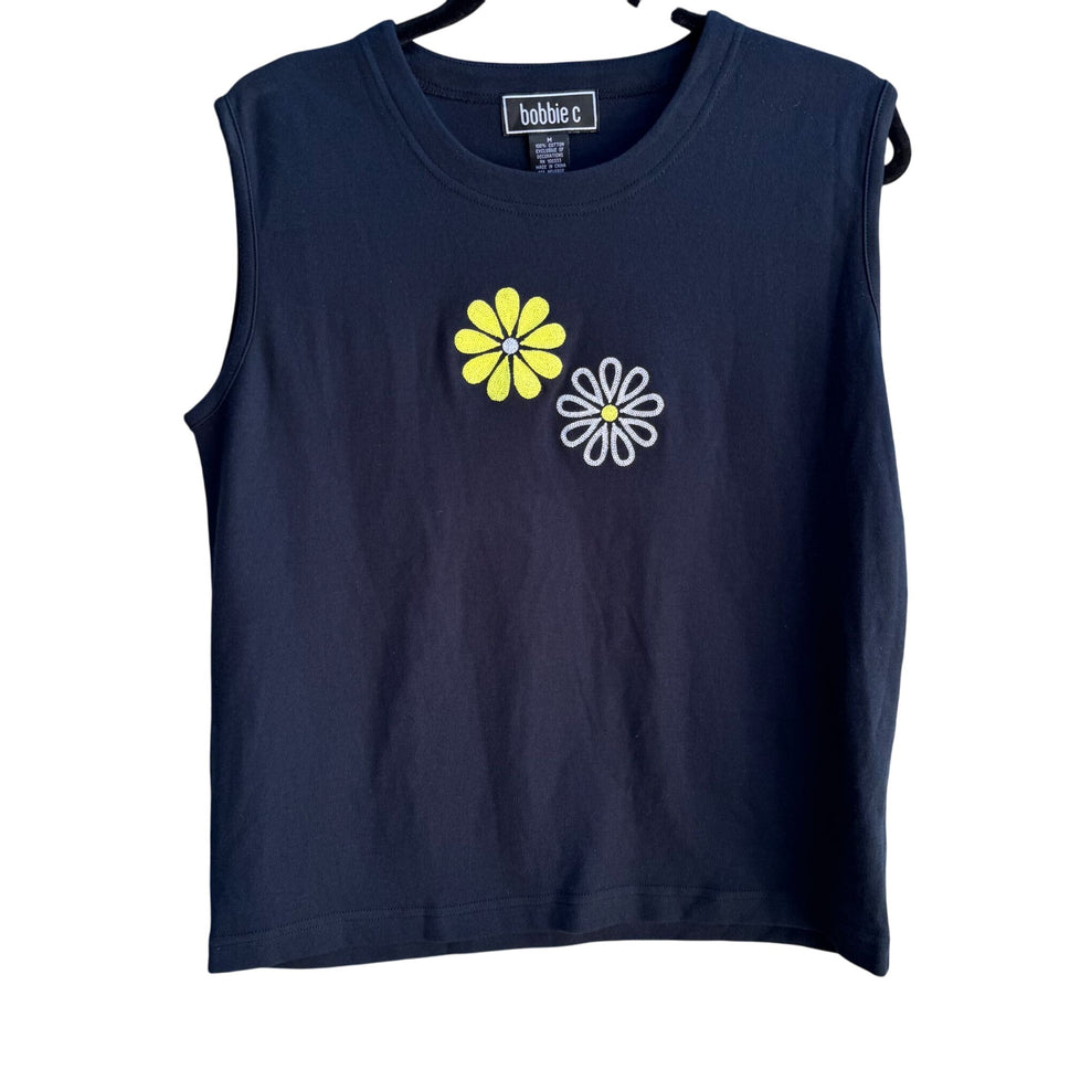 Bobbie C Womens Black Sleeveless Yellow White Floral Preppy Embroidery Top New M