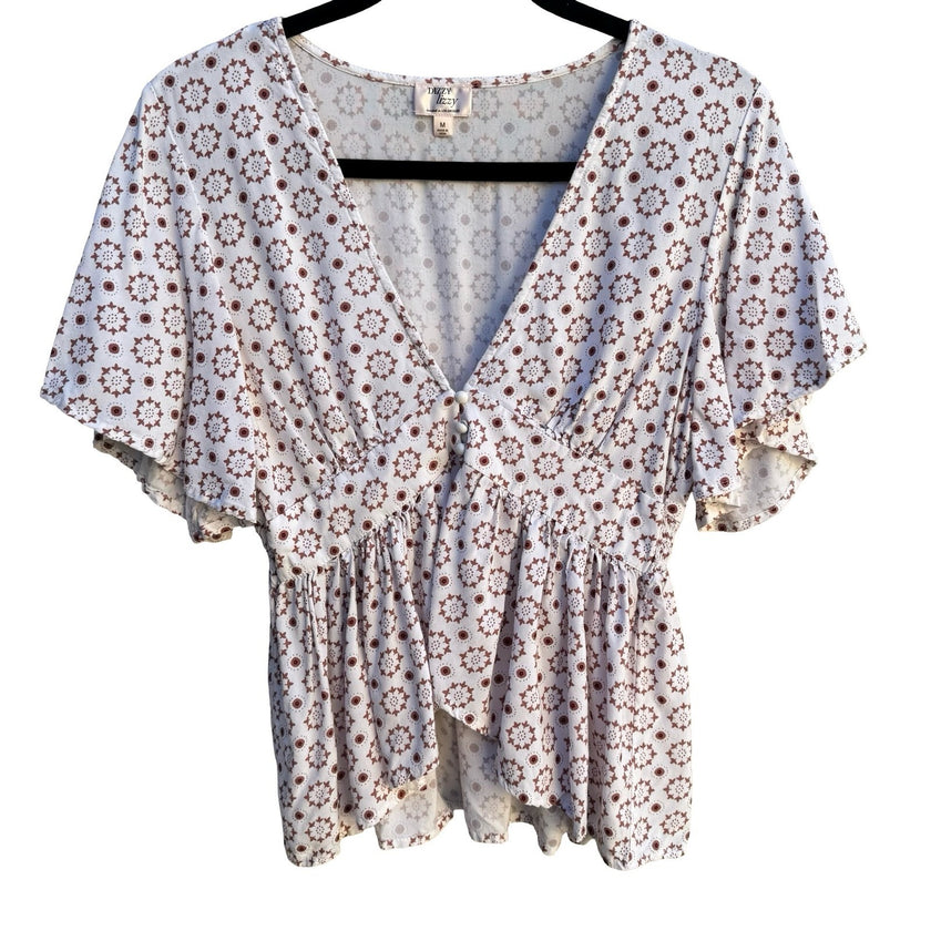 Dizzy Lizzy Boho Cottagecore Festival Ethereal Smocked Babydoll Peplum Shirt M