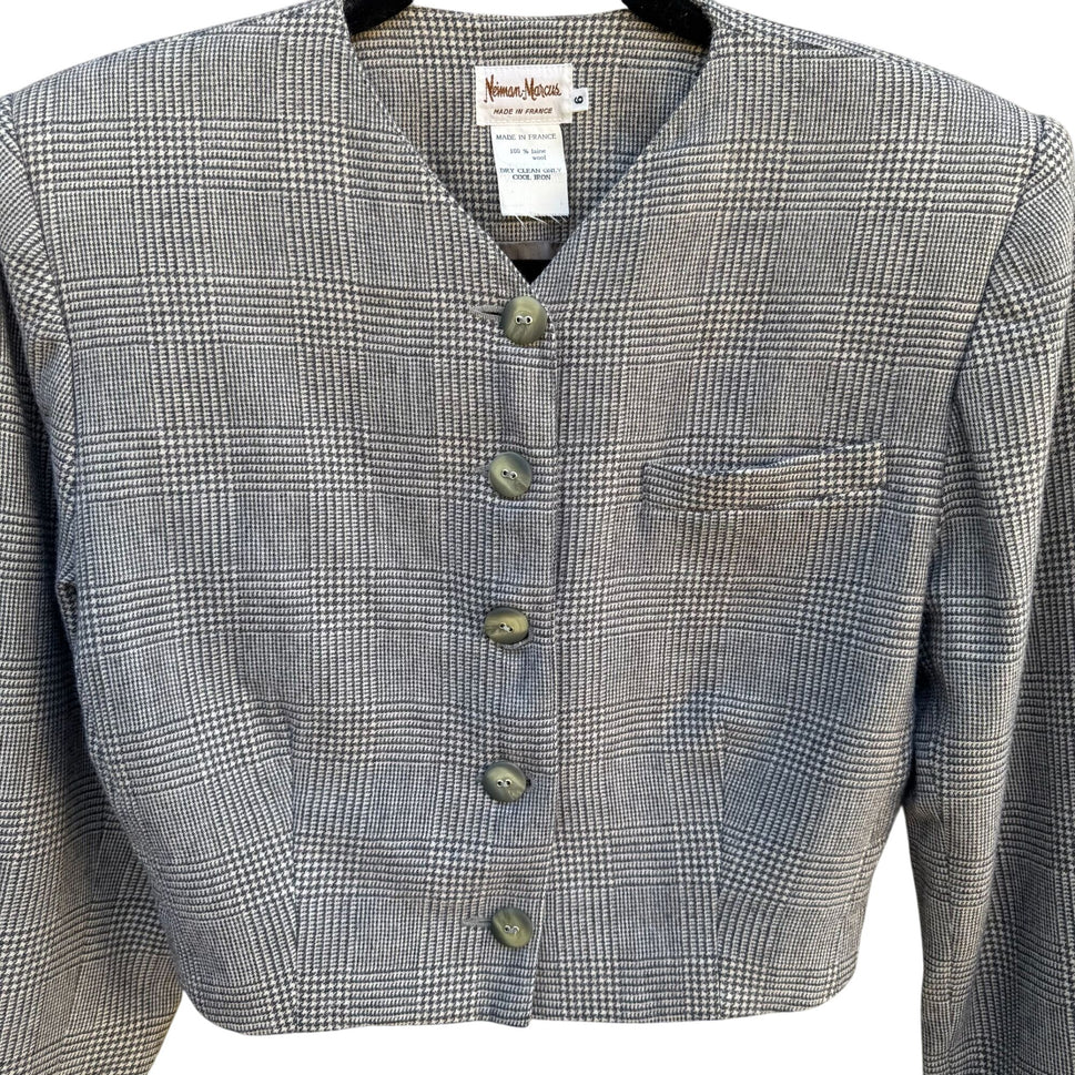 Neiman Marcus Vintage Wool Houndstooth Plaid Wool Cropped French Blazer Jacket 6