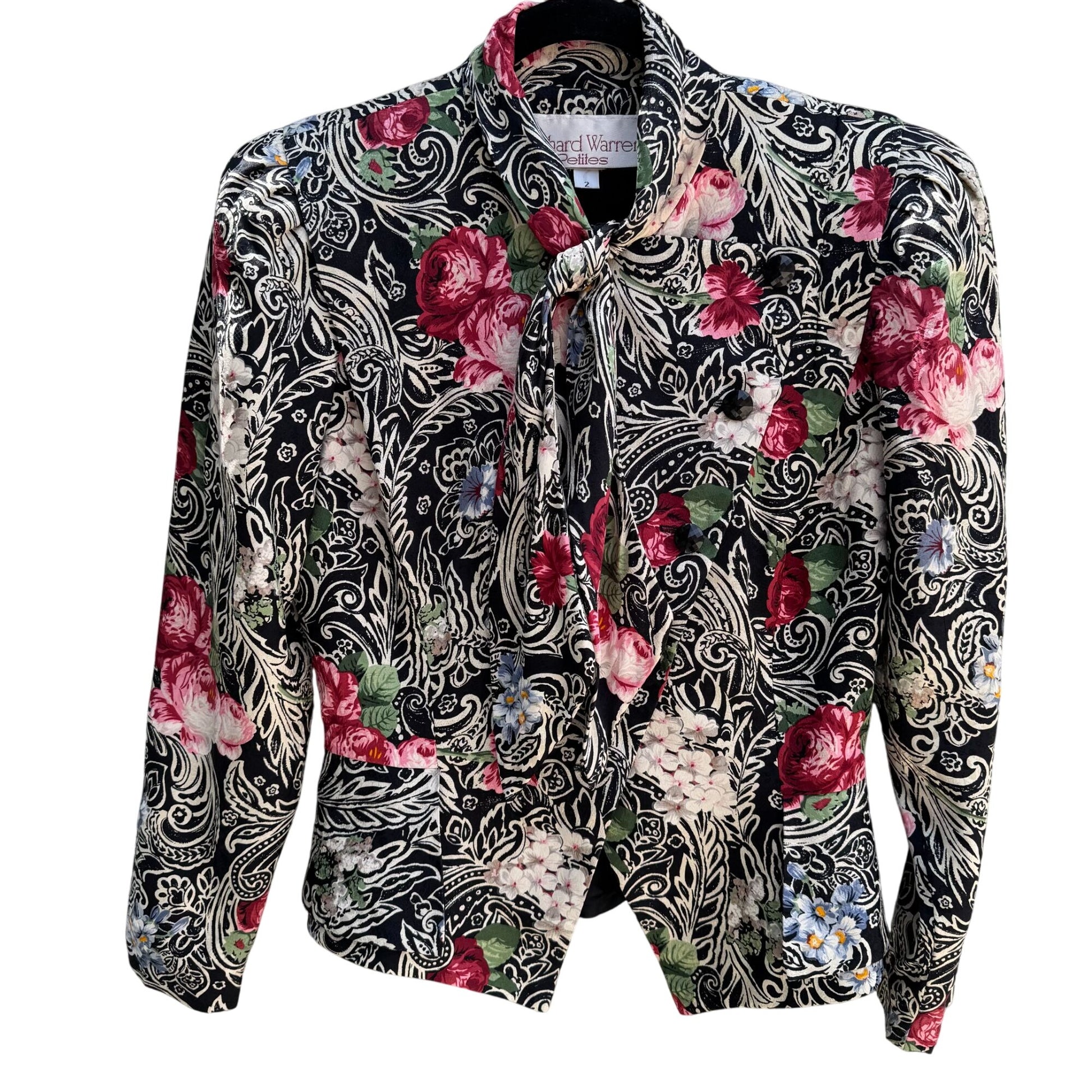 Richard Warren Petites Vintage Floral Print Long-Sleeve Tie Neck Peplum Blazer 2