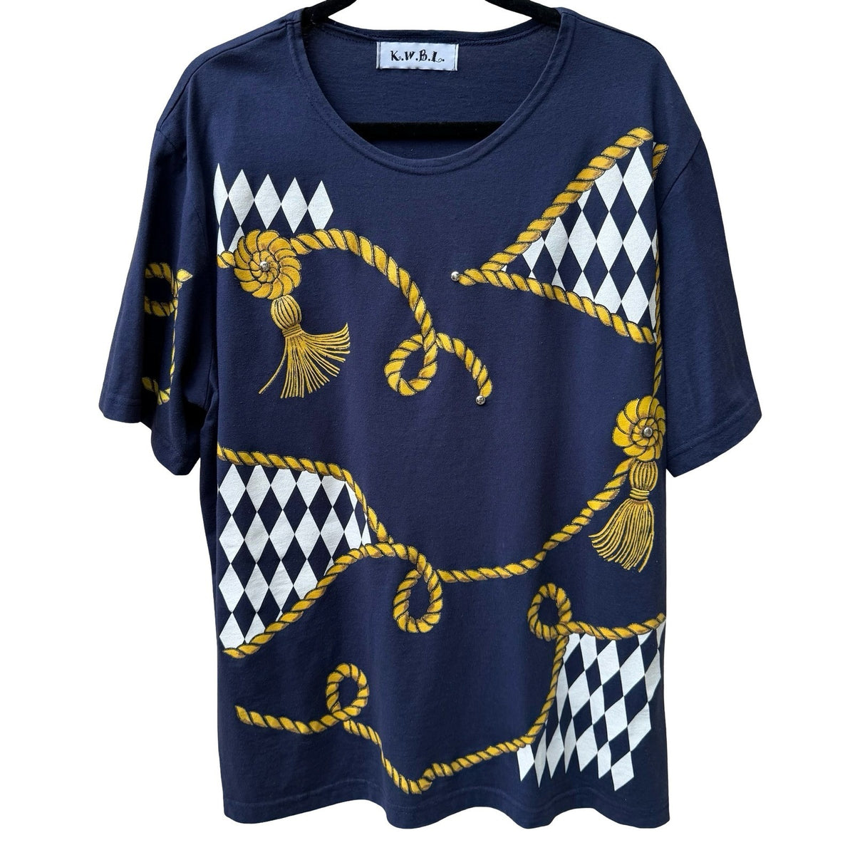 KWBL Vintage 90s Nautical Graphic Studded Harlequin Rope Tassel Shirt Navy XXL