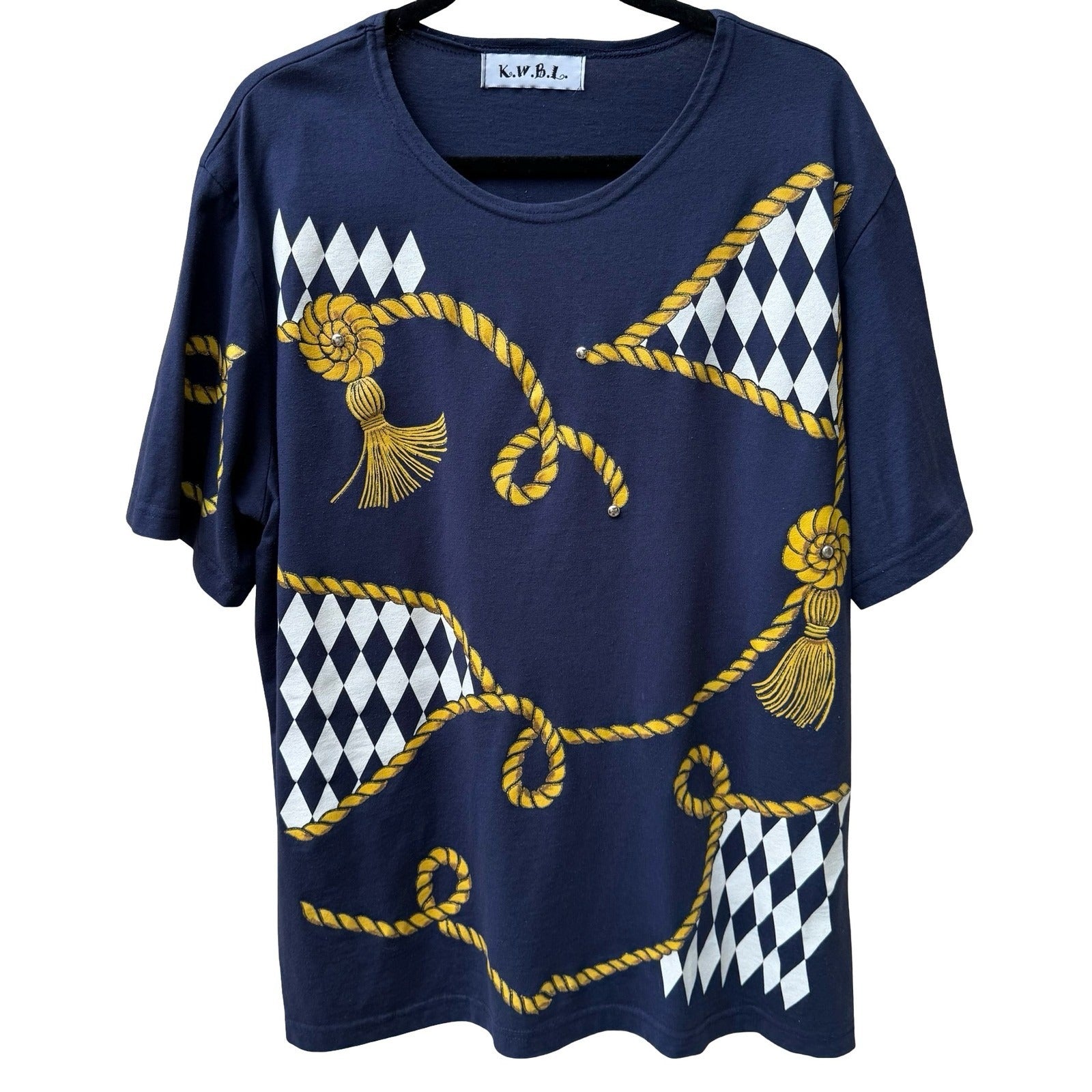 KWBL Vintage 90s Nautical Graphic Studded Harlequin Rope Tassel Shirt Navy XXL
