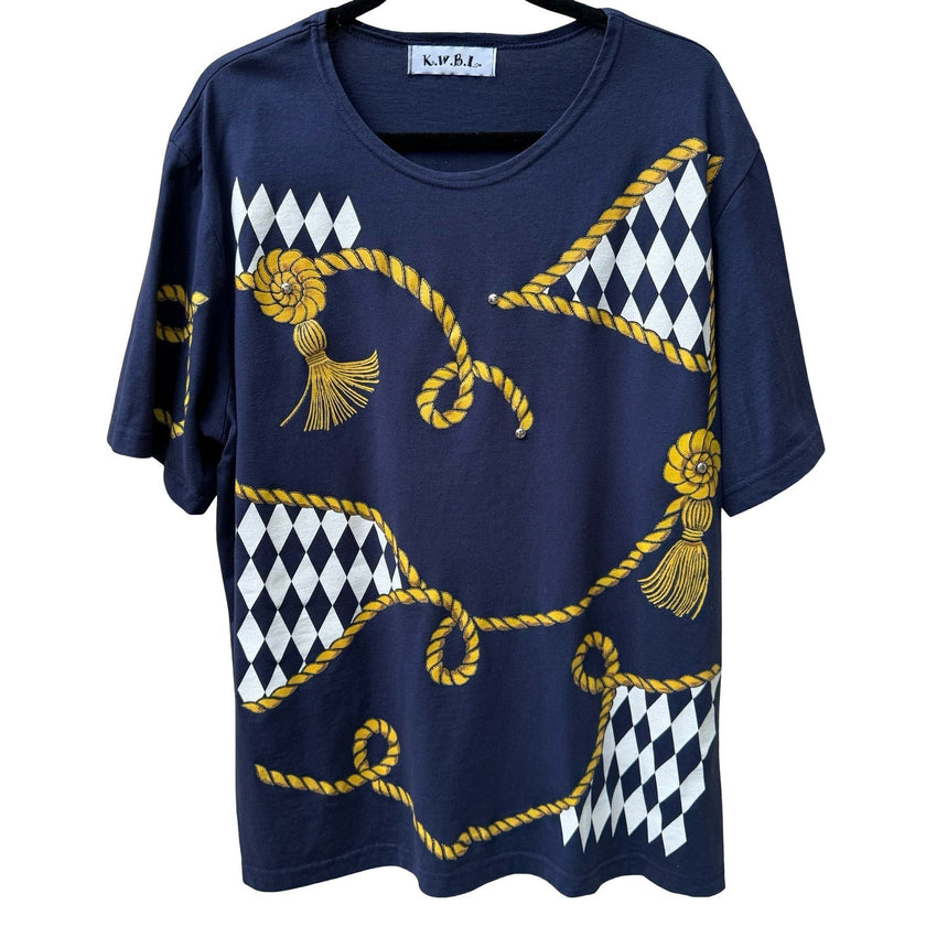 KWBL Vintage 90s Nautical Graphic Studded Harlequin Rope Tassel Shirt Navy XXL