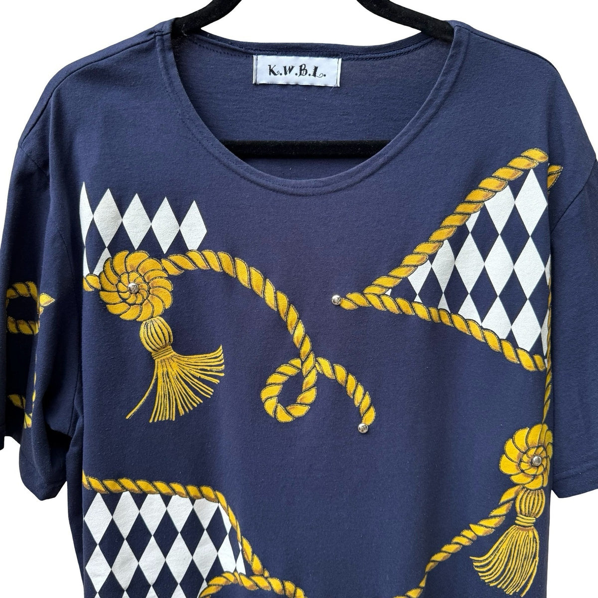 KWBL Vintage 90s Nautical Graphic Studded Harlequin Rope Tassel Shirt Navy XXL
